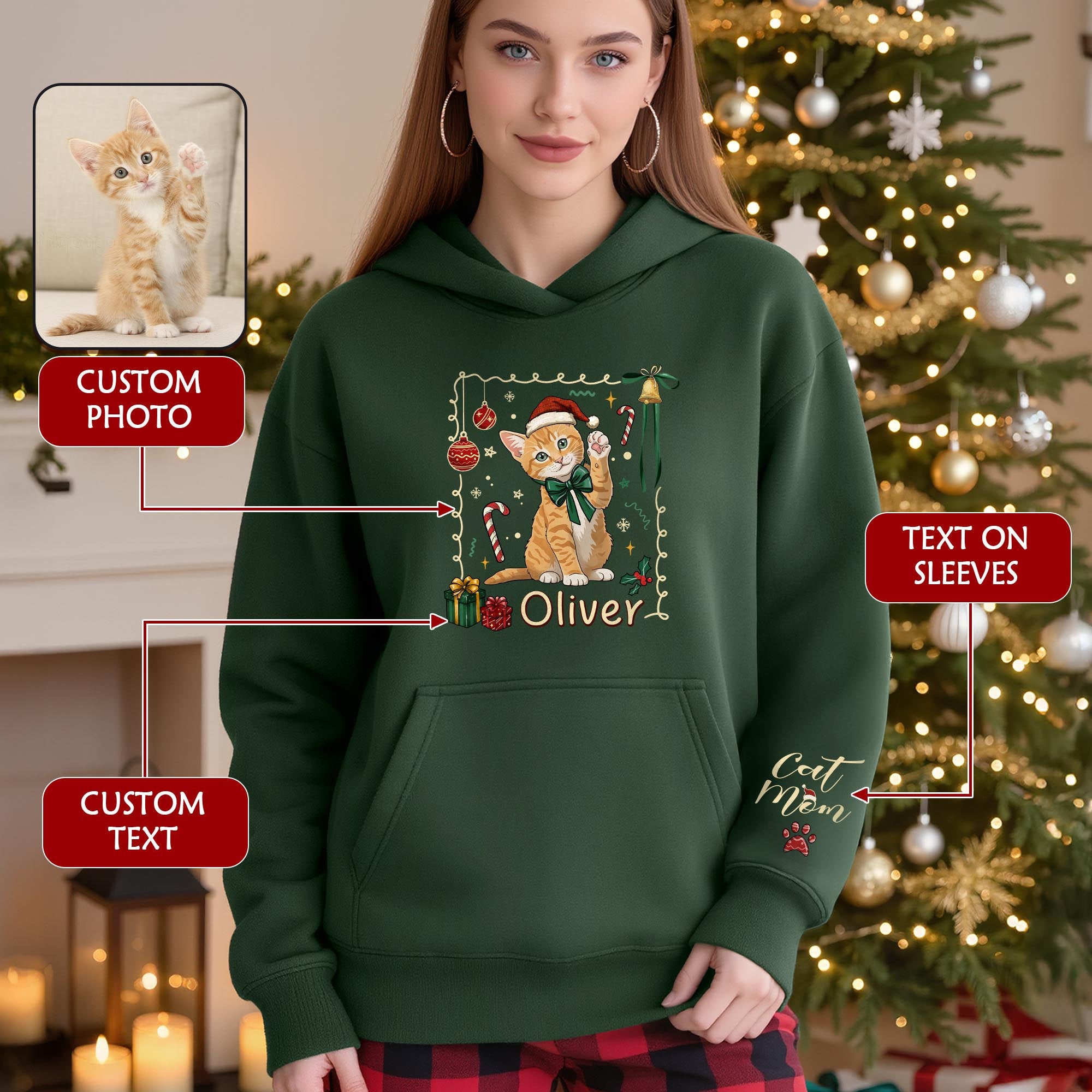 Custom Cat Christmas Hoodie – Personalized Pet Portrait Gift for Cat Moms