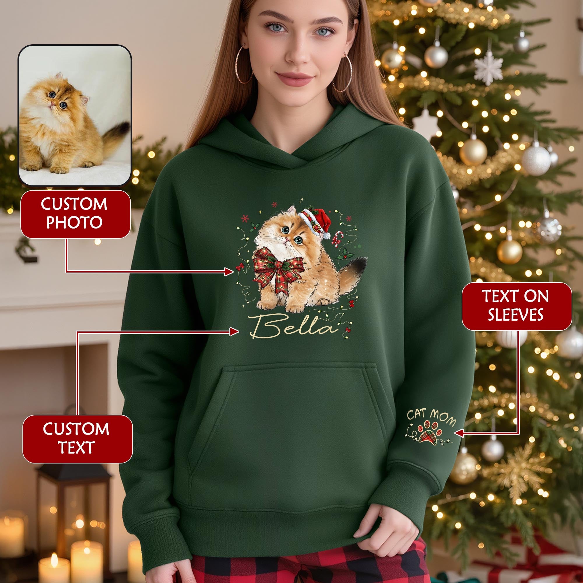Personalized Cat Portrait Christmas Hoodie – Custom Pet Photo Gift for Cat Moms