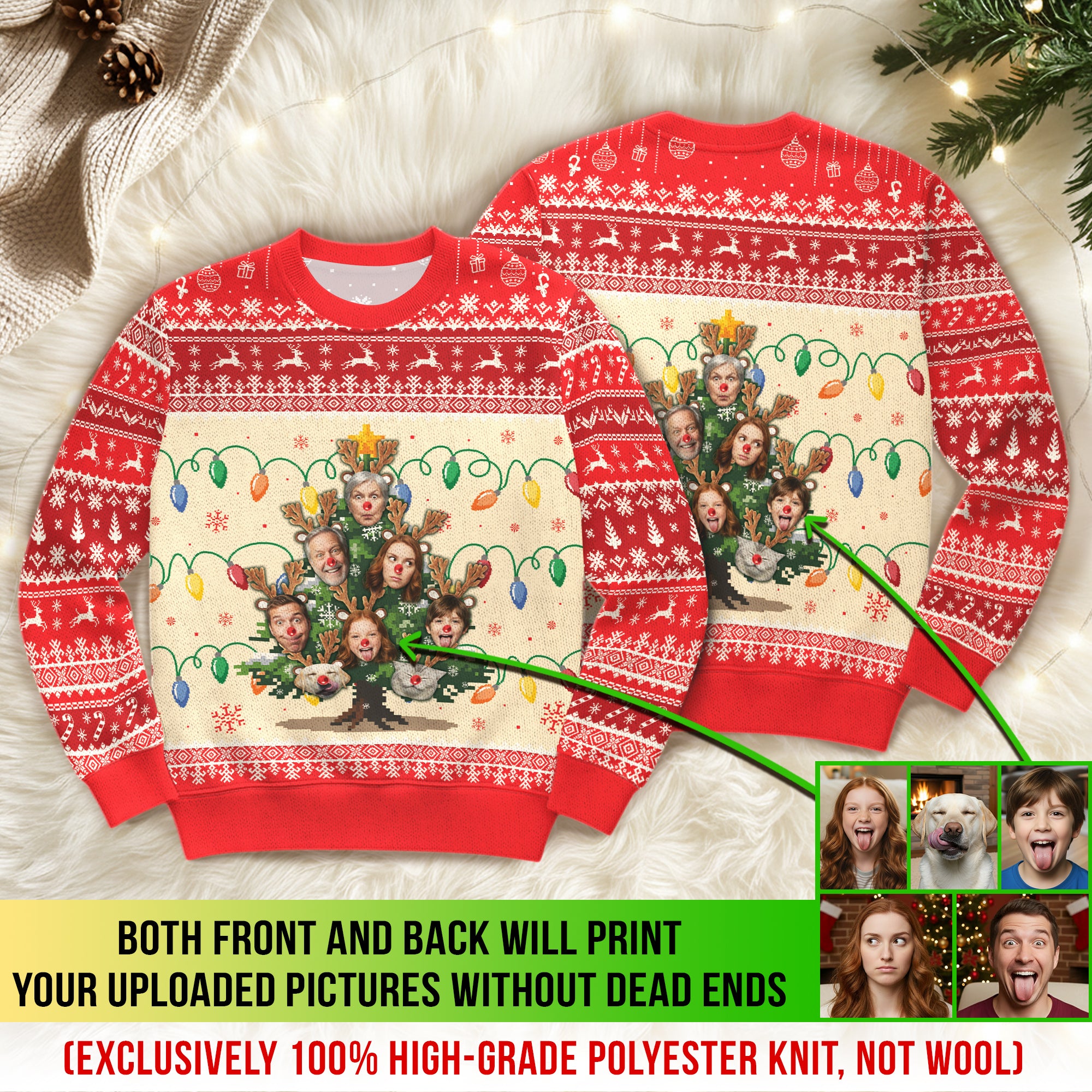 Custom Ugly Christmas Sweater – Personalized Photo Christmas Tree Design for Family, Pets & Holiday Fun