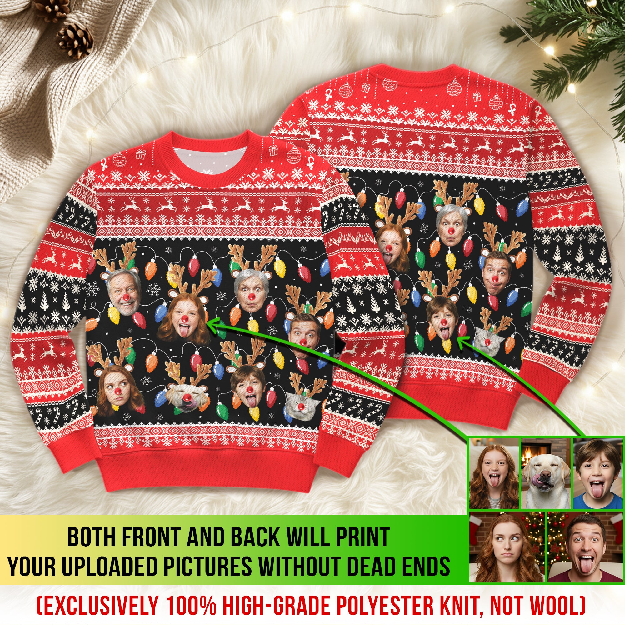 Custom Ugly Christmas Sweater – Personalized Photo Reindeer Lights Design for Family, Pets & Holiday Fun