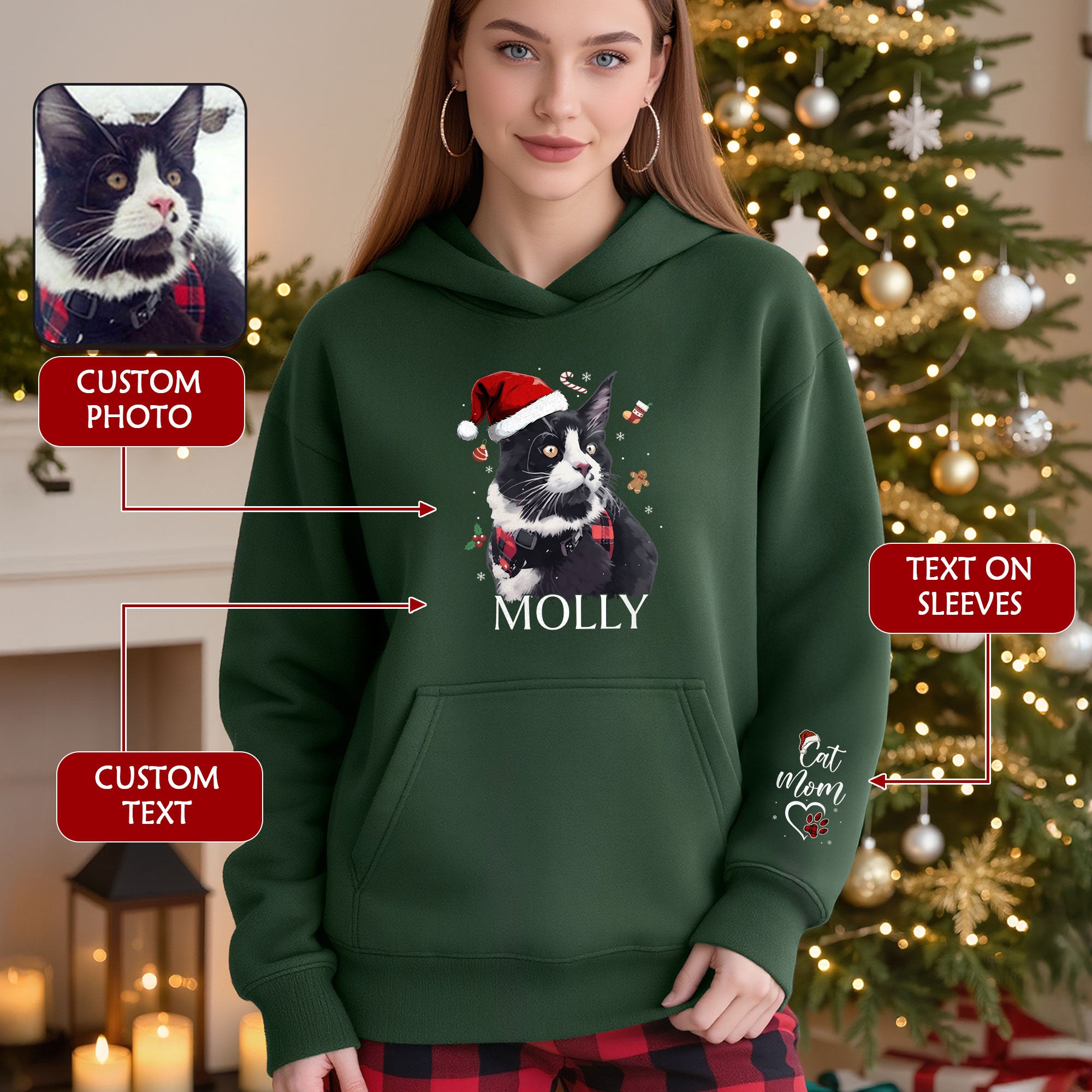 Custom Cat Photo Hoodie – Personalized Holiday Hoodie with Cat Design for Cat Moms