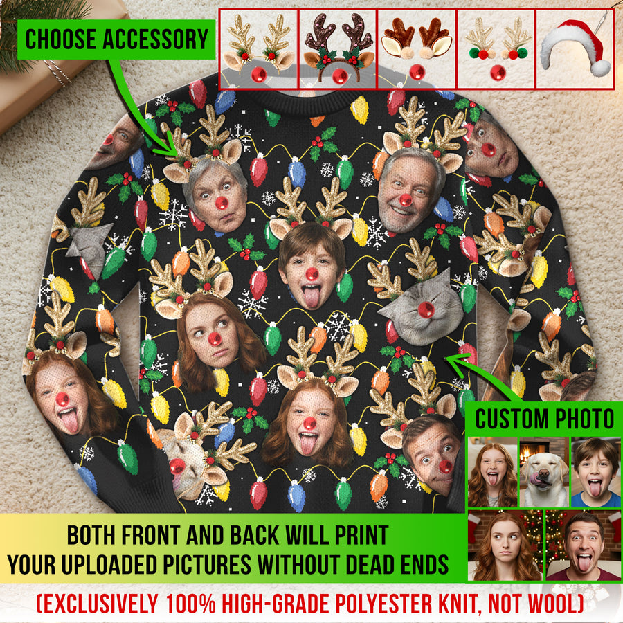 Custom Christmas Photo Sweatshirt with Lights & Snowflakes Pattern