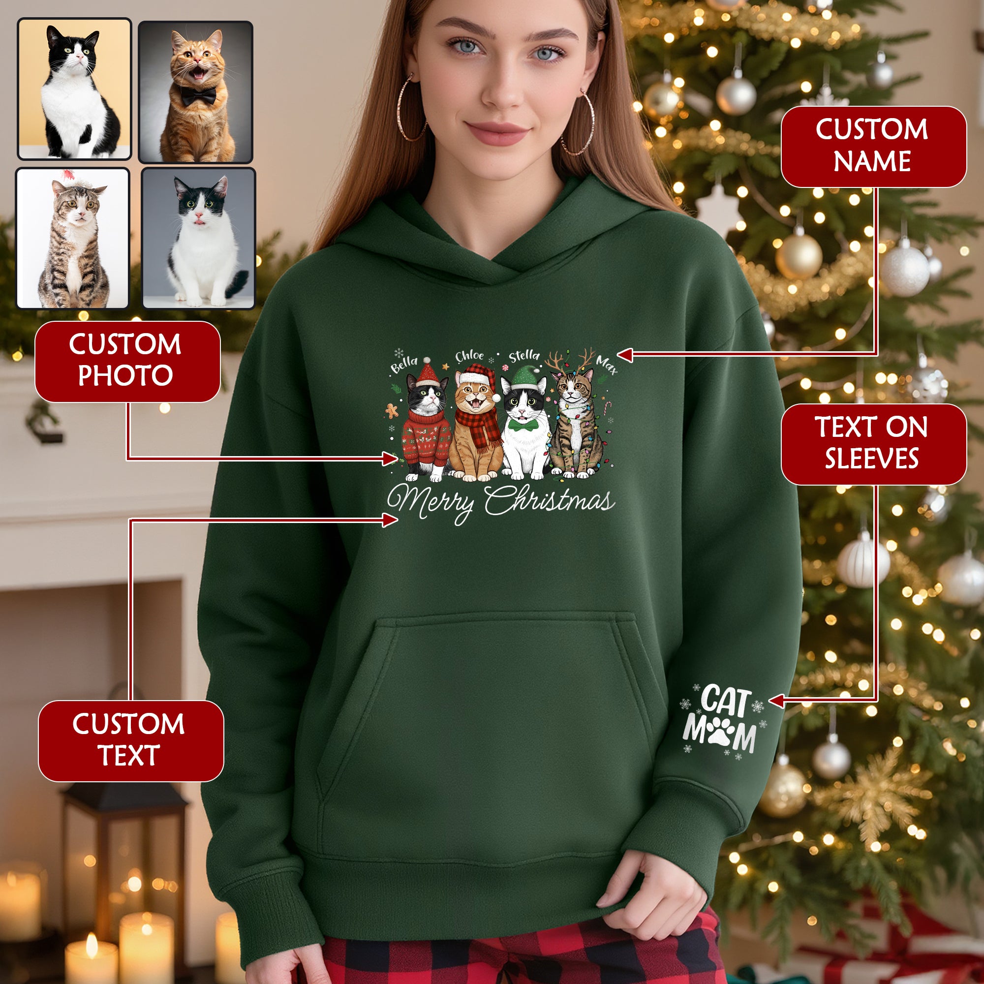 Custom Pet Christmas Hoodie – Personalized Cat Photo Hoodie for Pet Moms