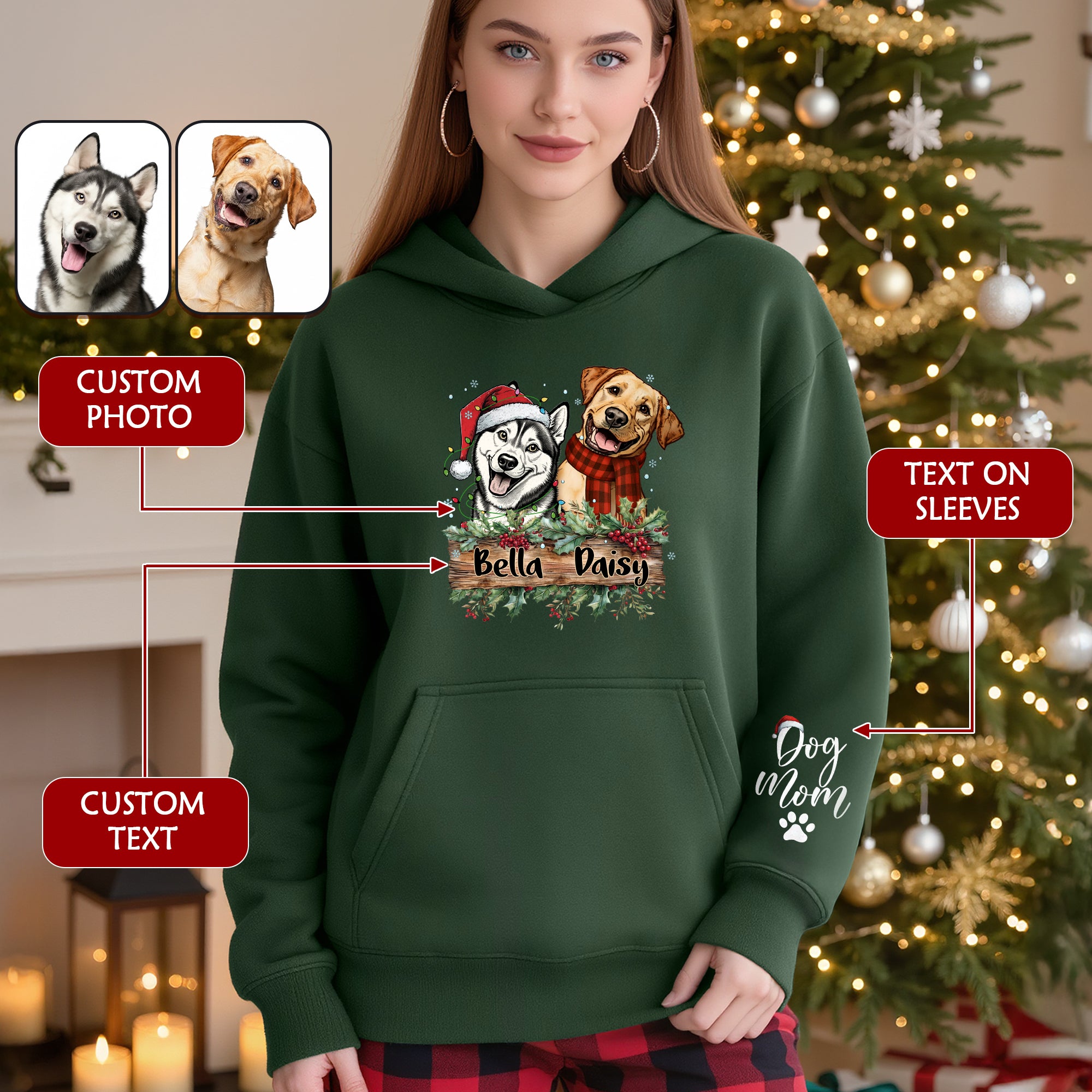 Dog Mom Christmas Hoodie – Custom Pet Photo Hoodie, Personalized Holiday Gift for Dog Mom