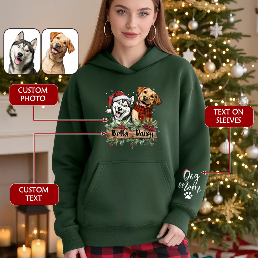 Dog Mom Christmas Hoodie – Custom Pet Photo Hoodie, Personalized Holiday Gift for Dog Mom