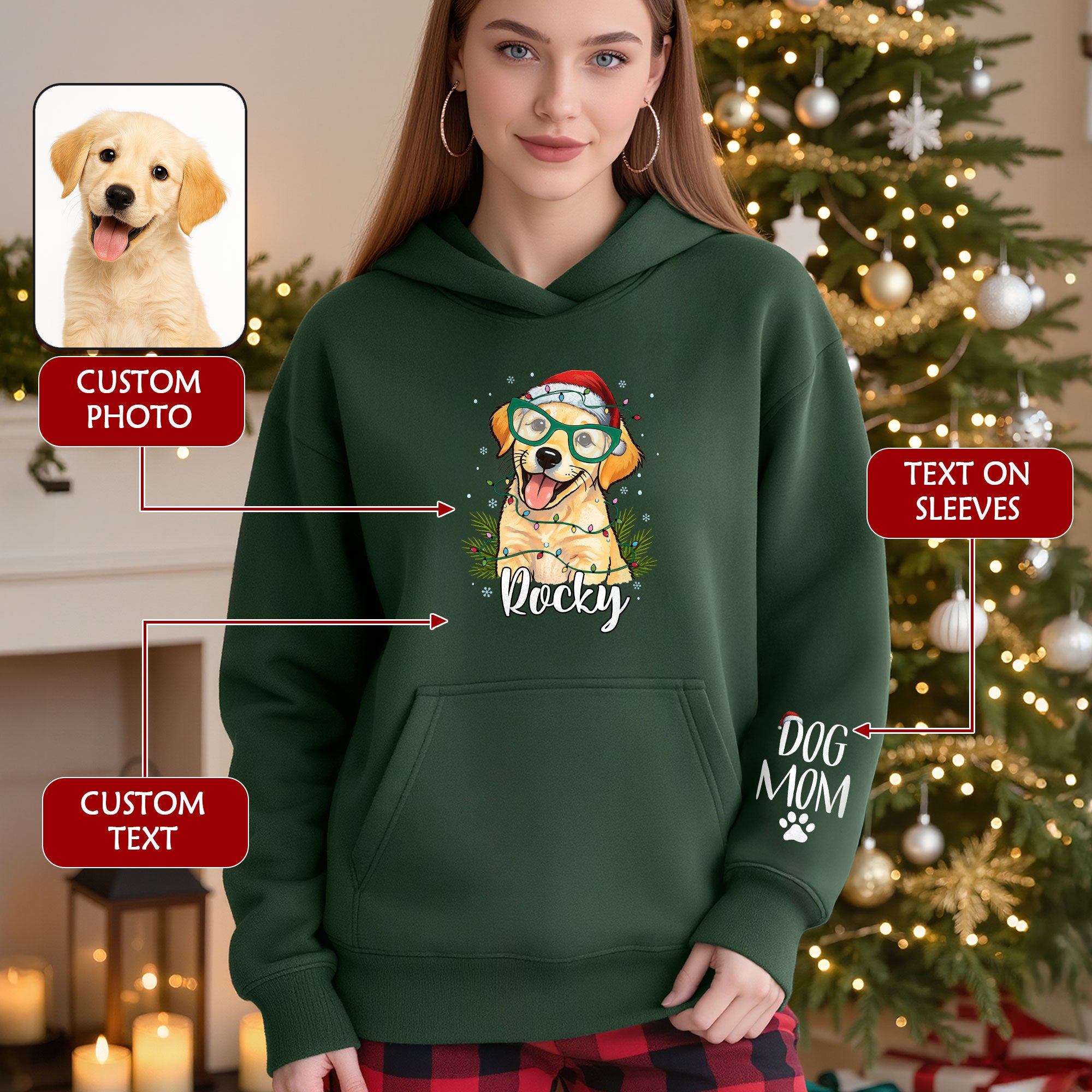 Custom Pet Photo Hoodie – Personalized Dog Mom Christmas Hoodie, Funny Gift for Women