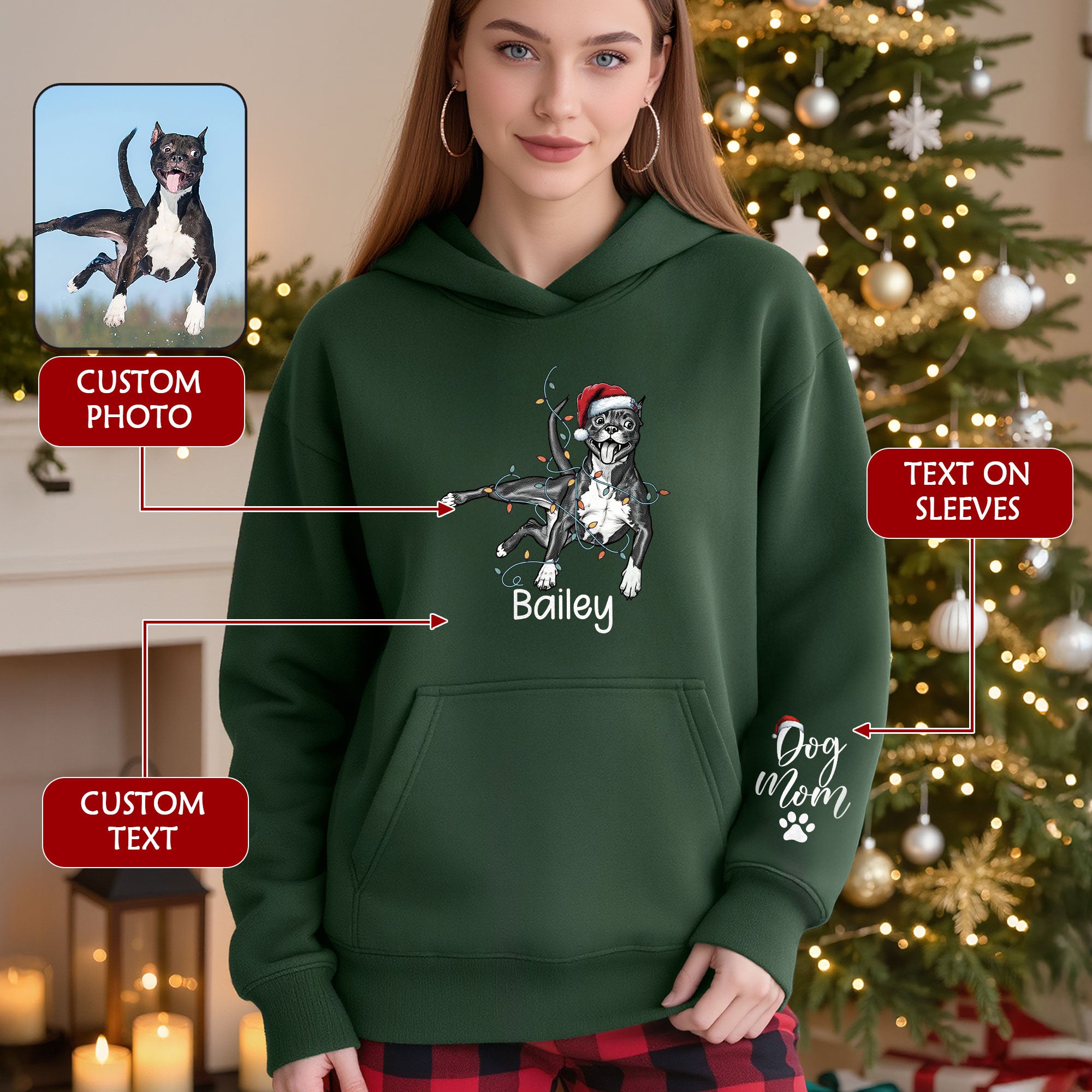 Christmas Dog Mom Hoodie – Personalized Pet Photo Hoodie, Custom Holiday Gift for Women