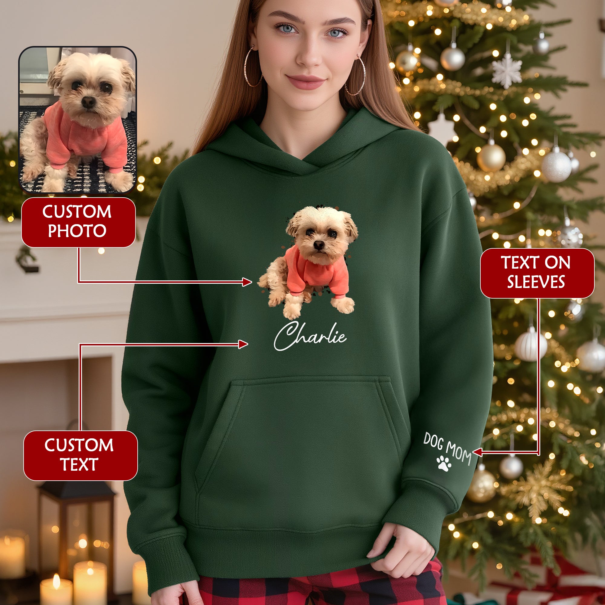 Personalized Dog Mom Hoodie – Custom Dog Photo Hoodie with Pet Name, Unique Holiday Gift for Pet Lovers