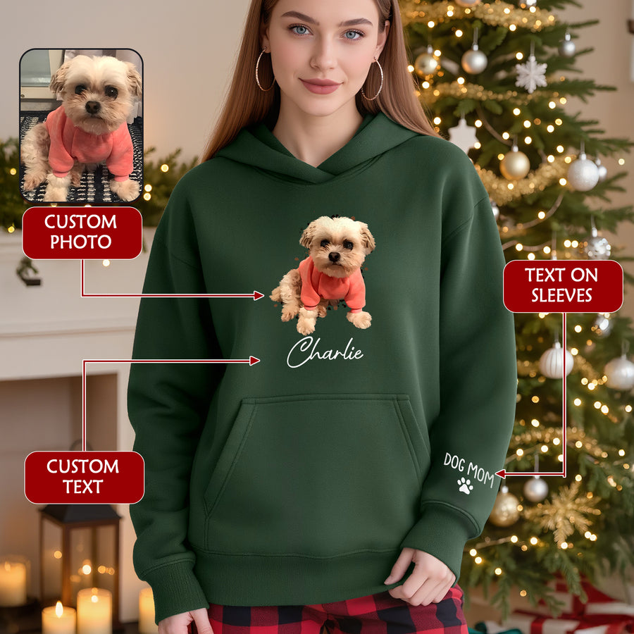 Personalized Dog Mom Hoodie – Custom Dog Photo Hoodie with Pet Name, Unique Holiday Gift for Pet Lovers