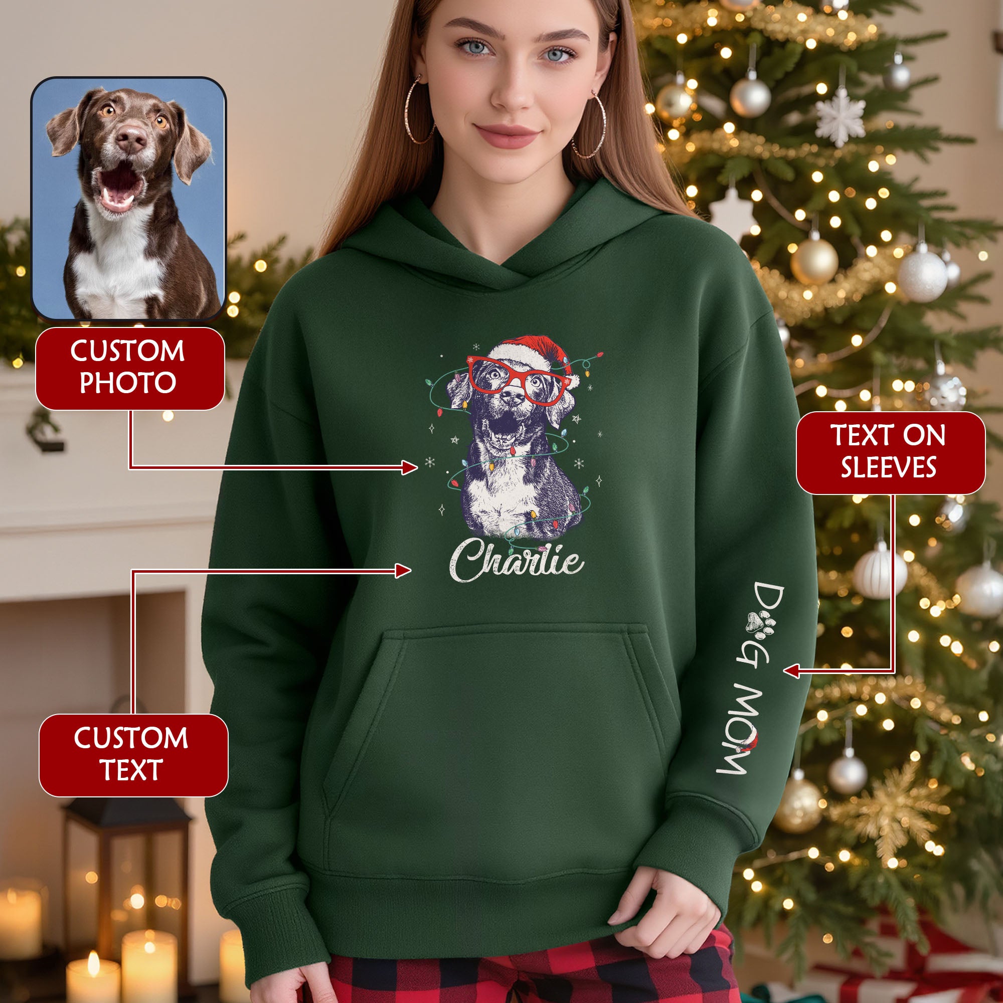 Personalized Dog Mom Hoodie – Custom Dog Photo Hoodie with Holiday Design