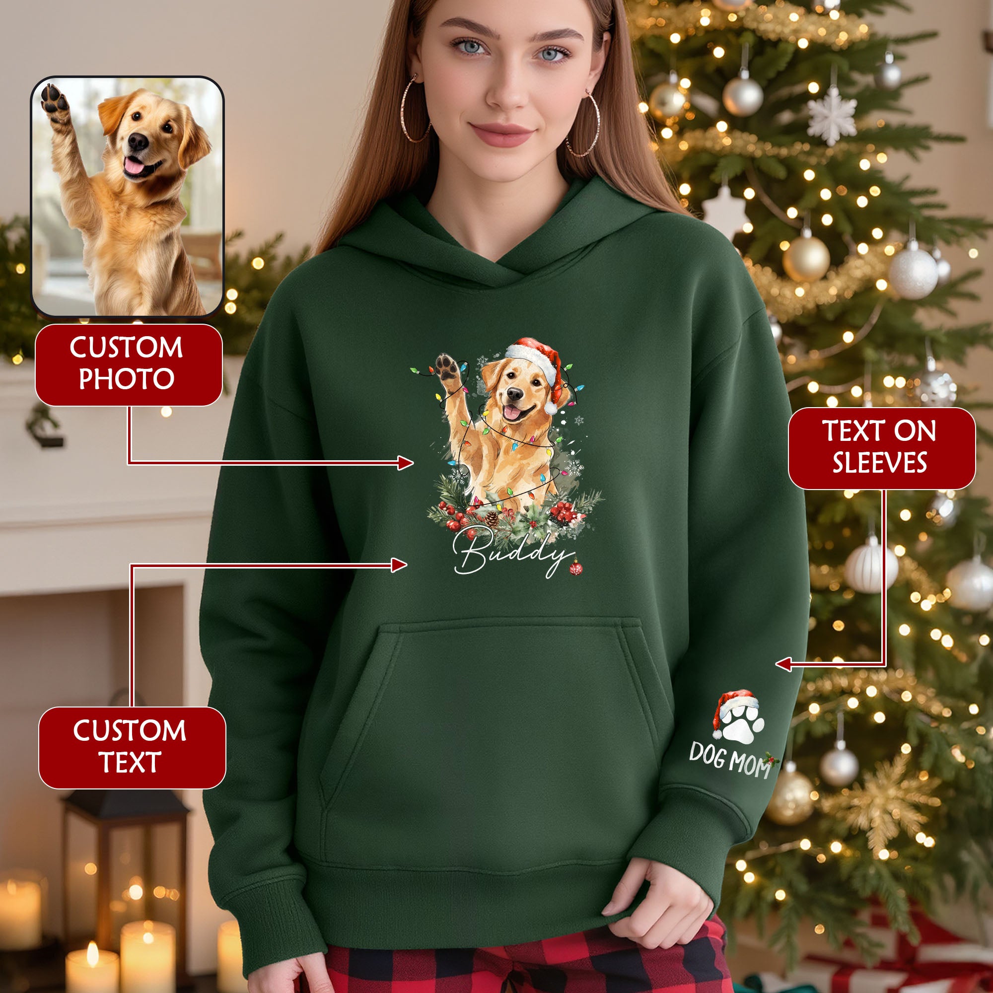 Personalized Dog Mom Hoodie – Custom Photo Hoodie with Your Dog’s Christmas Spirit