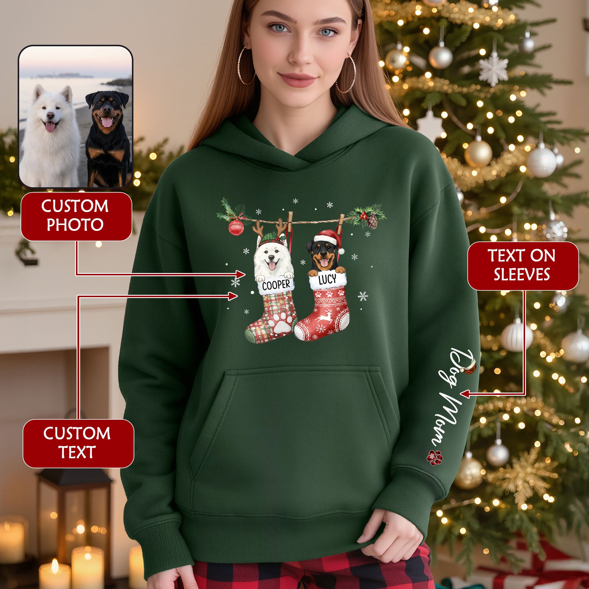 Custom Christmas Dog Hoodie – Personalized Holiday Hoodie with Your Dog’s Photo in Festive Stockings