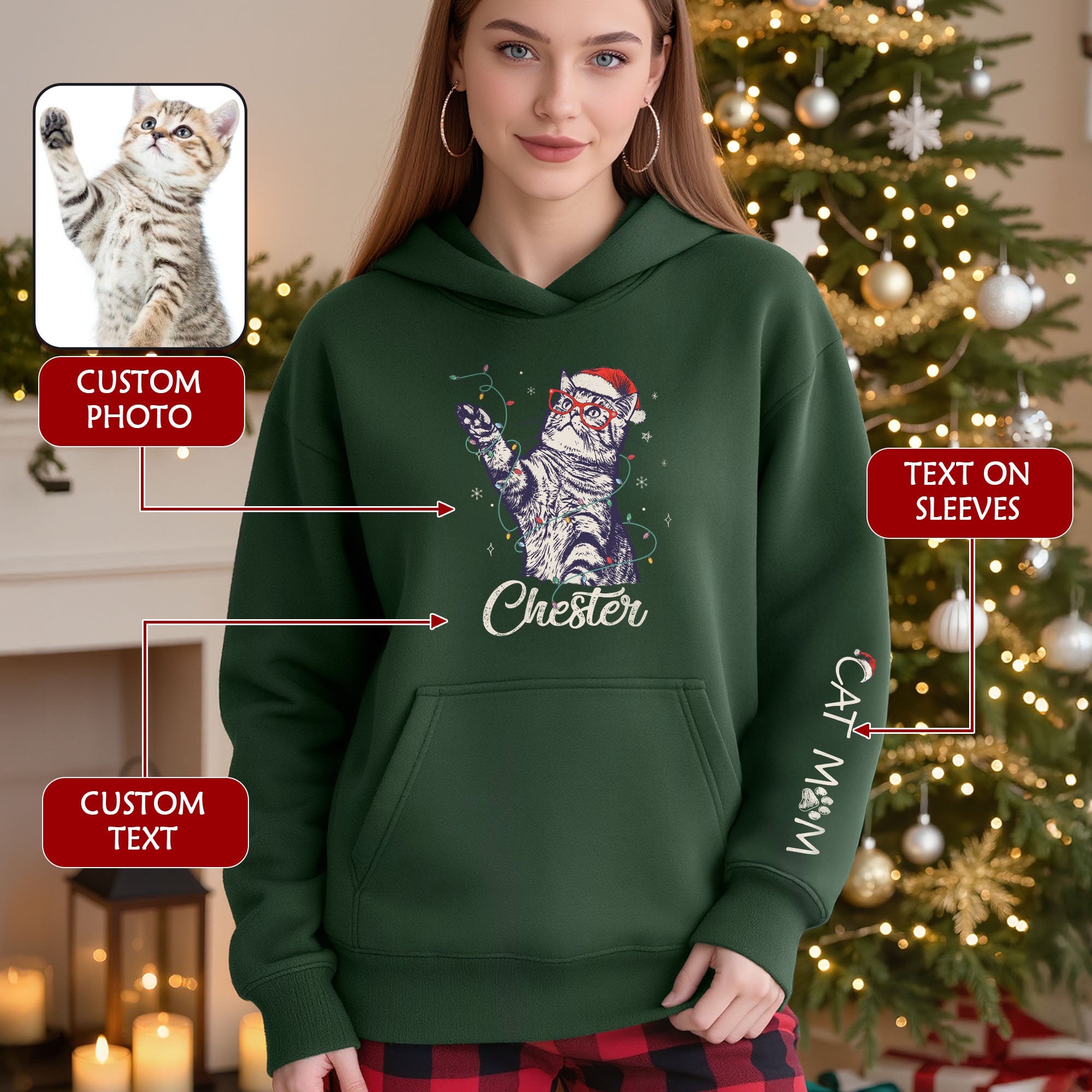 Christmas Cat Mom Hoodie – Personalized Cat Photo Hoodie, Custom Holiday Gift for Women