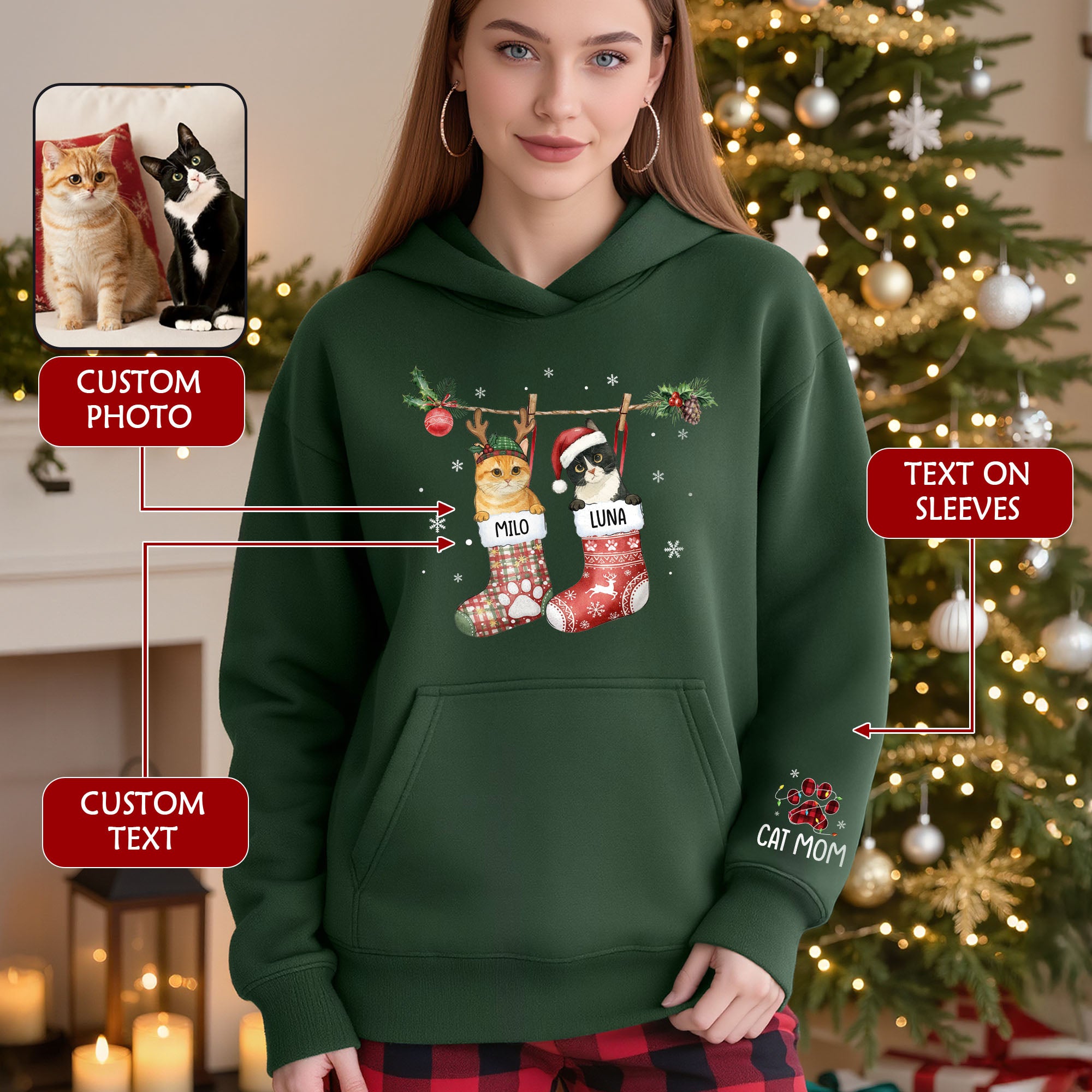 Christmas Cat Lover Hoodie – Custom Pet Photo Hoodie, Personalized Gift for Women