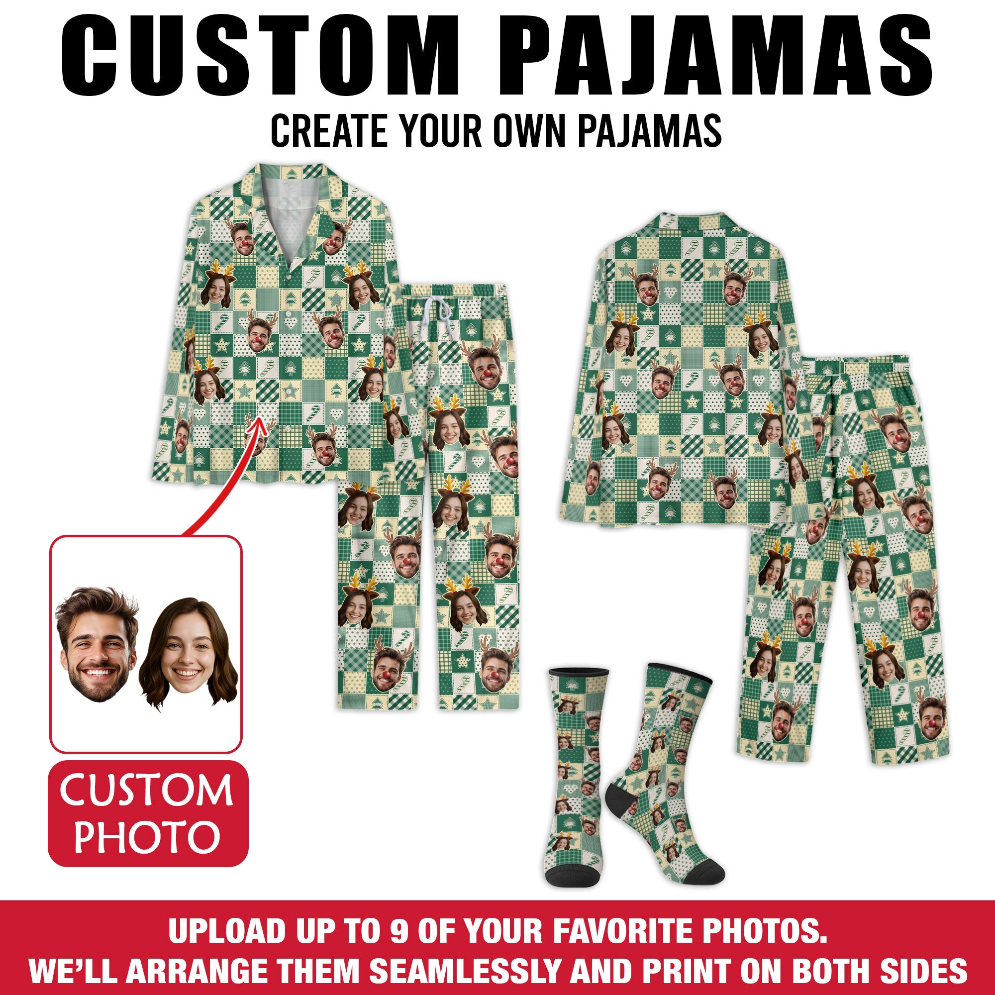 Custom Face Matching Pajamas – Personalized Funny Christmas PJs, Holiday Gift for Him/Her