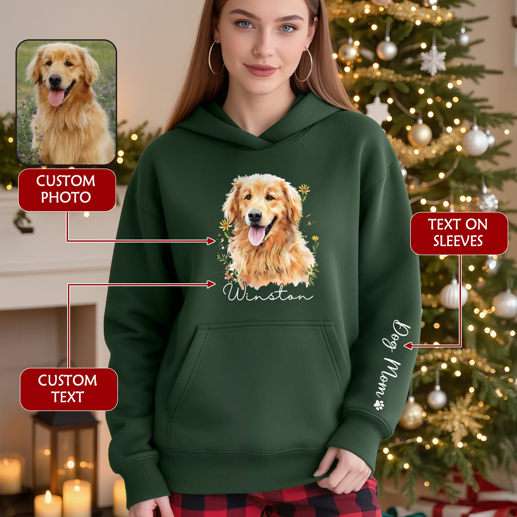Custom Pet Photo Hoodie – Personalized Dog Portrait with Floral Design, Dog Mom Gift