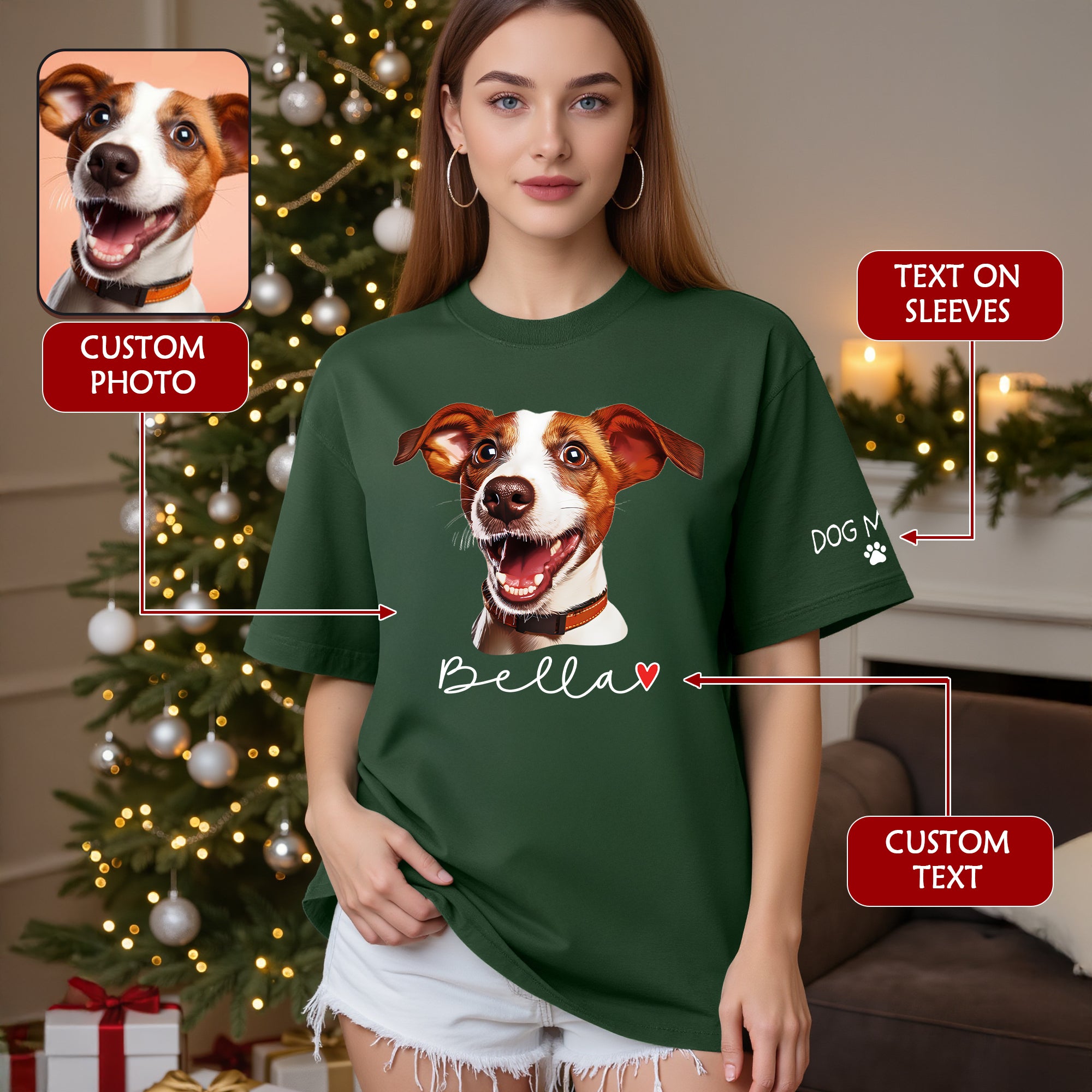 Dog Mom Christmas Shirt – Custom Pet Portrait Tee, Personalized Holiday Gift for Women