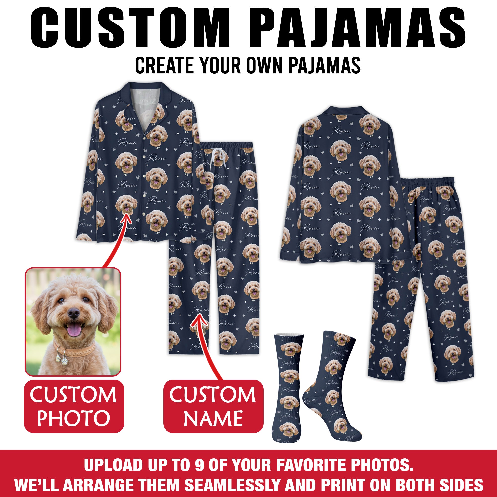 Custom Pet Pajamas Set – All Over Print Christmas PJs for Pet Lovers, Dog Lovers Holiday Gift