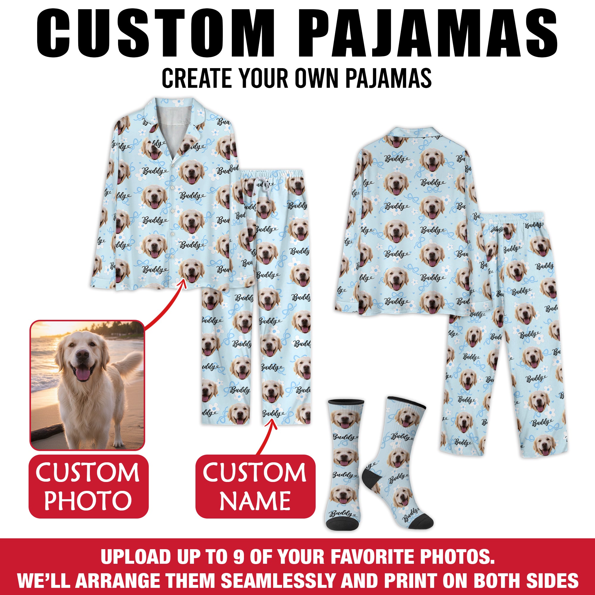 Custom Pet Photo Pajamas – All Over Print Holiday Christmas PJs for Pet Lovers, Cute Dog Mom Gift
