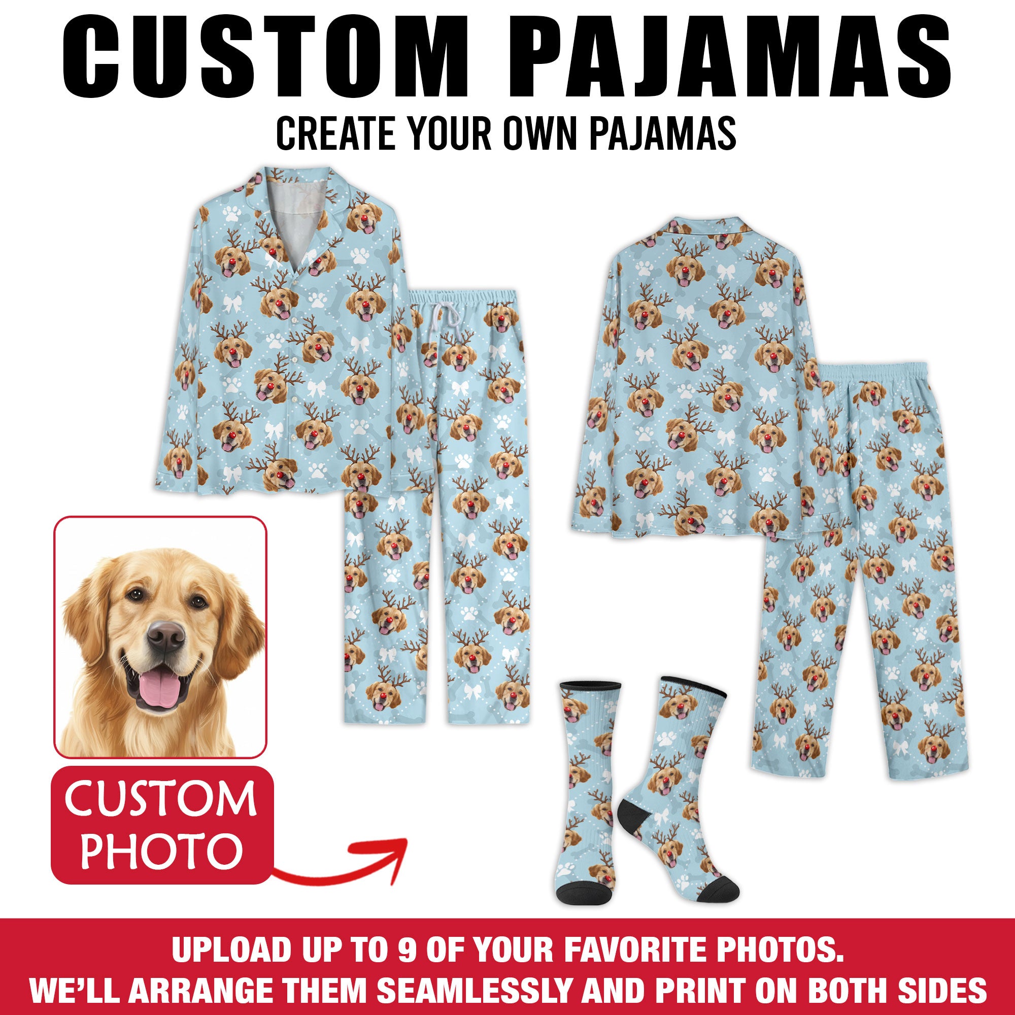 Custom Reindeer Pet Photo Pajama Pants – Personalized Dog Pattern Holiday Sleepwear