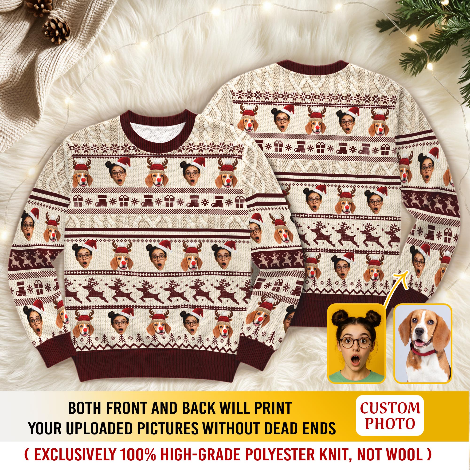 Custom Pet & Face Christmas Sweater – Personalized Ugly Xmas Sweatshirt Gift for Dog Mom