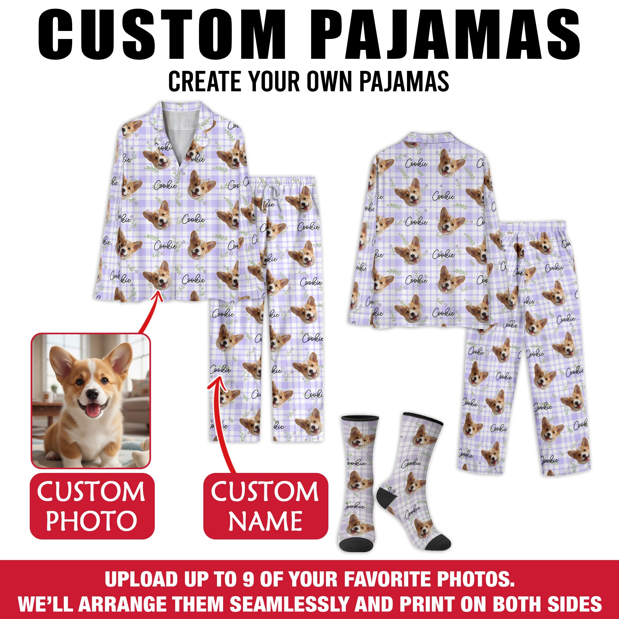 Custom Pet Face Pajamas Set – Personalized Dog PJs & Socks