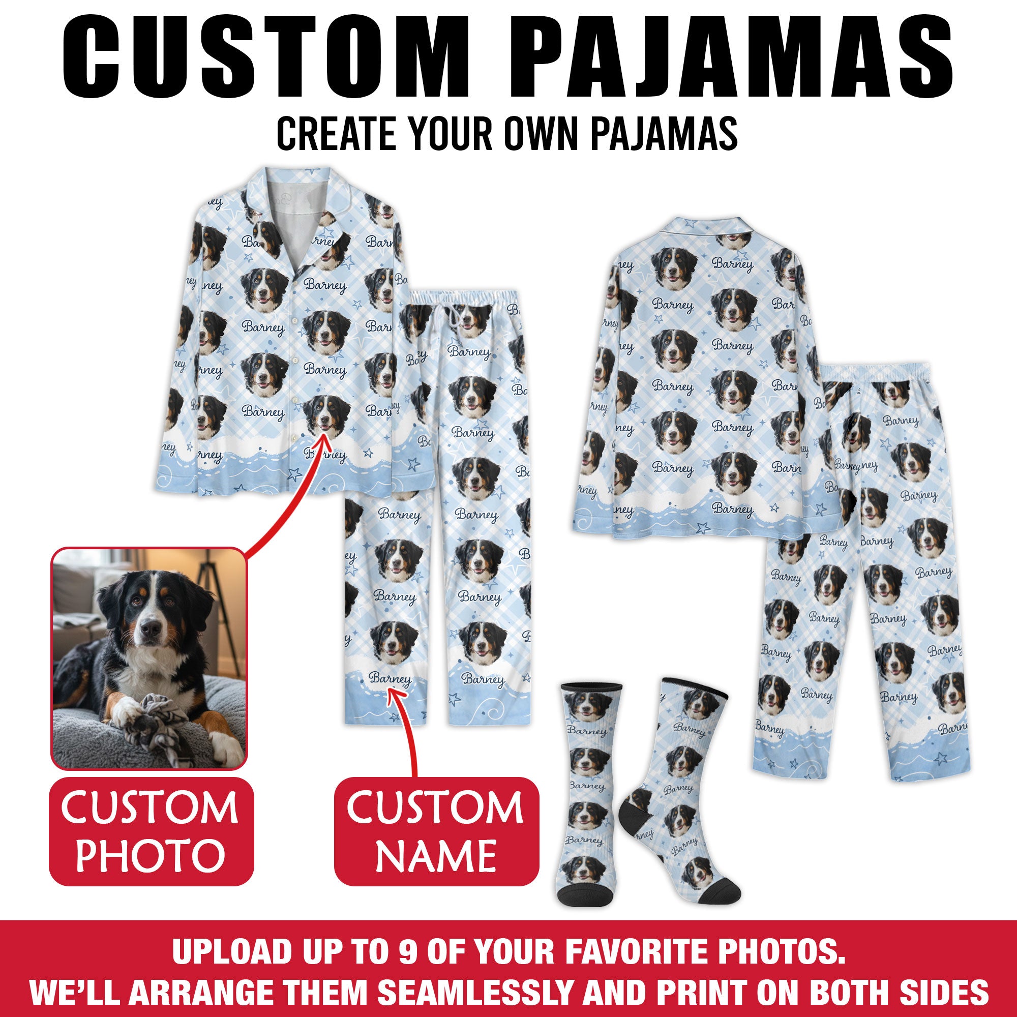 Custom Pet Portrait Pajamas – Dog Print Top, Pants & Socks