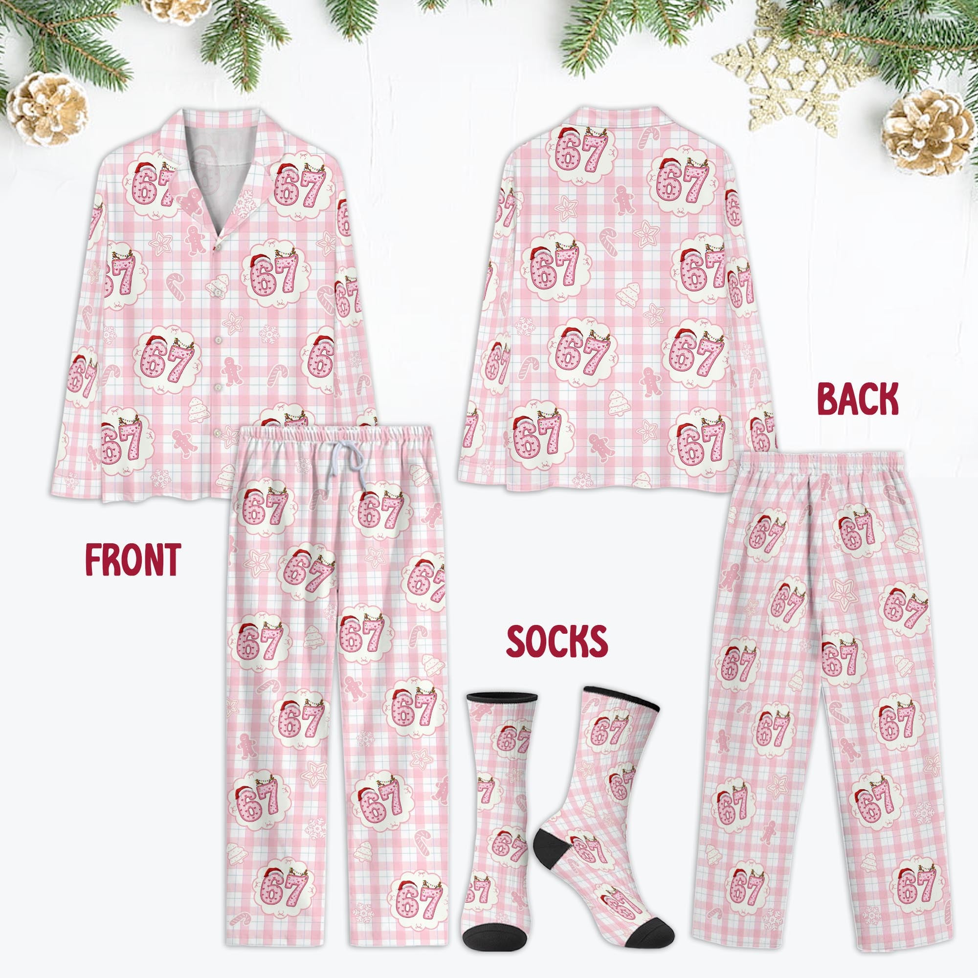 Santa Hat Numbers 6 7 Holiday PJs with Matching Socks (Full Set)