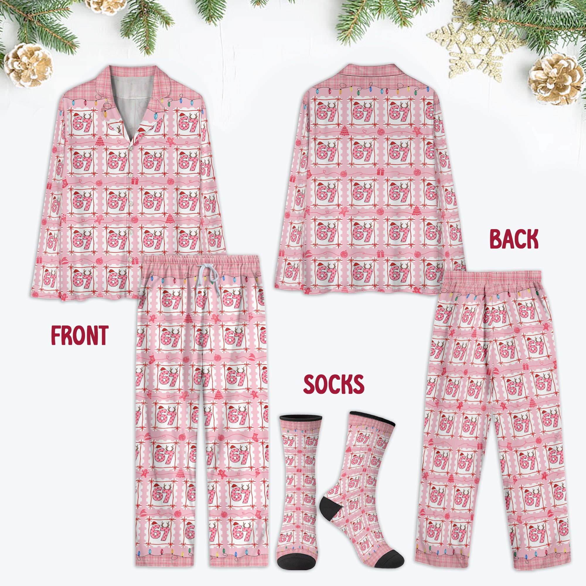 Festive Pajama Set Featuring Santa Hat Numbers 6 7 - Optional Socks