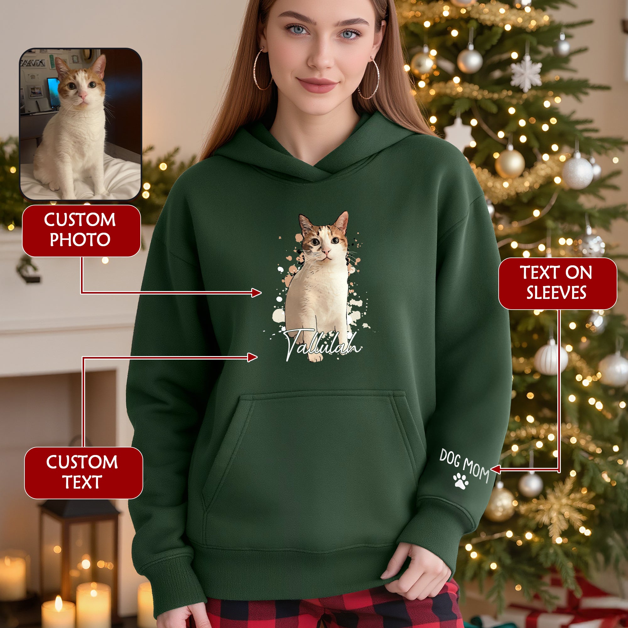 Personalized Cat Mom Hoodie – Custom Cat Photo Hoodie with Pet Name, Unique Holiday Gift for Cat Lovers