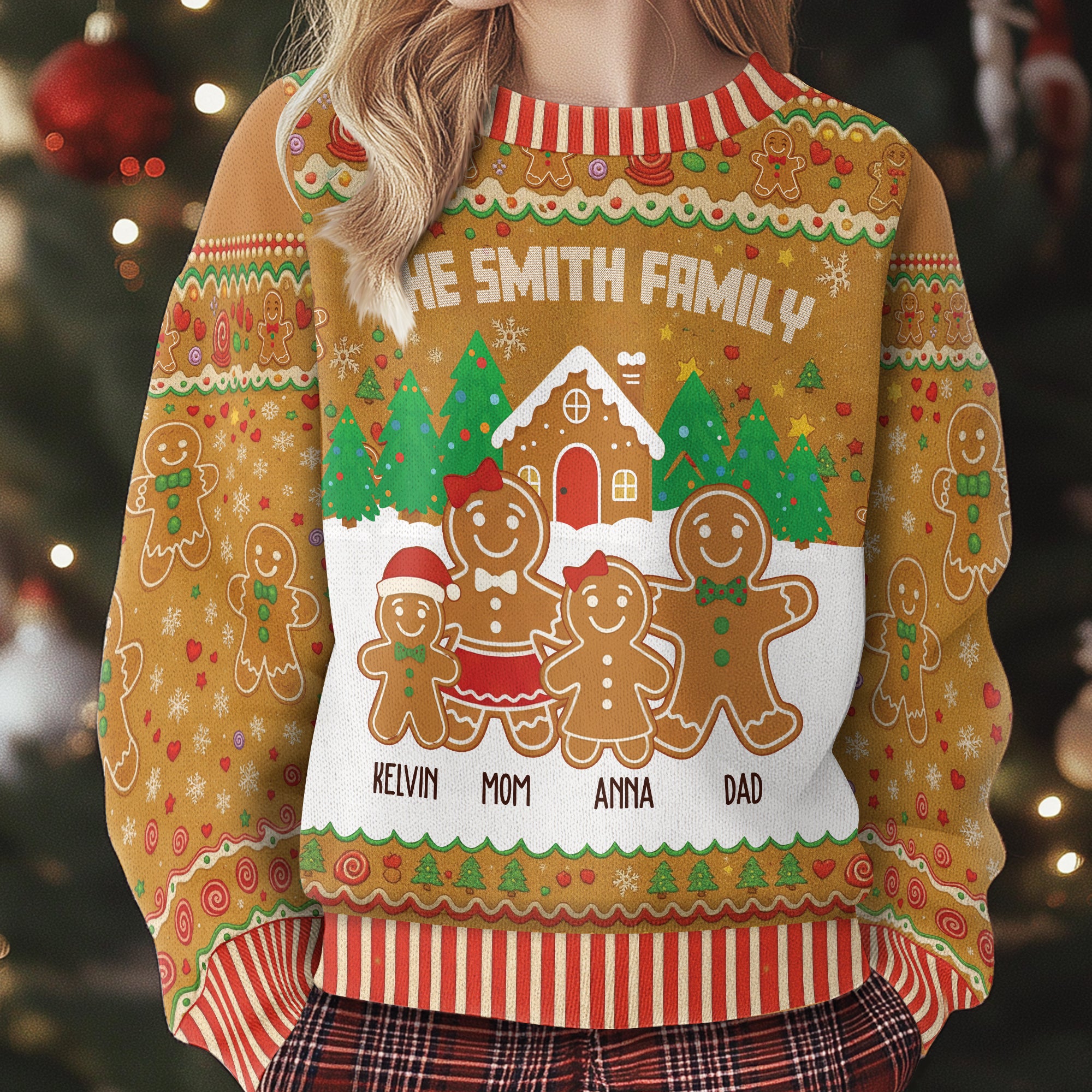 Custom Gingerbread Family Christmas Sweater – Personalized Name Ugly Holiday Sweatshirt for Family