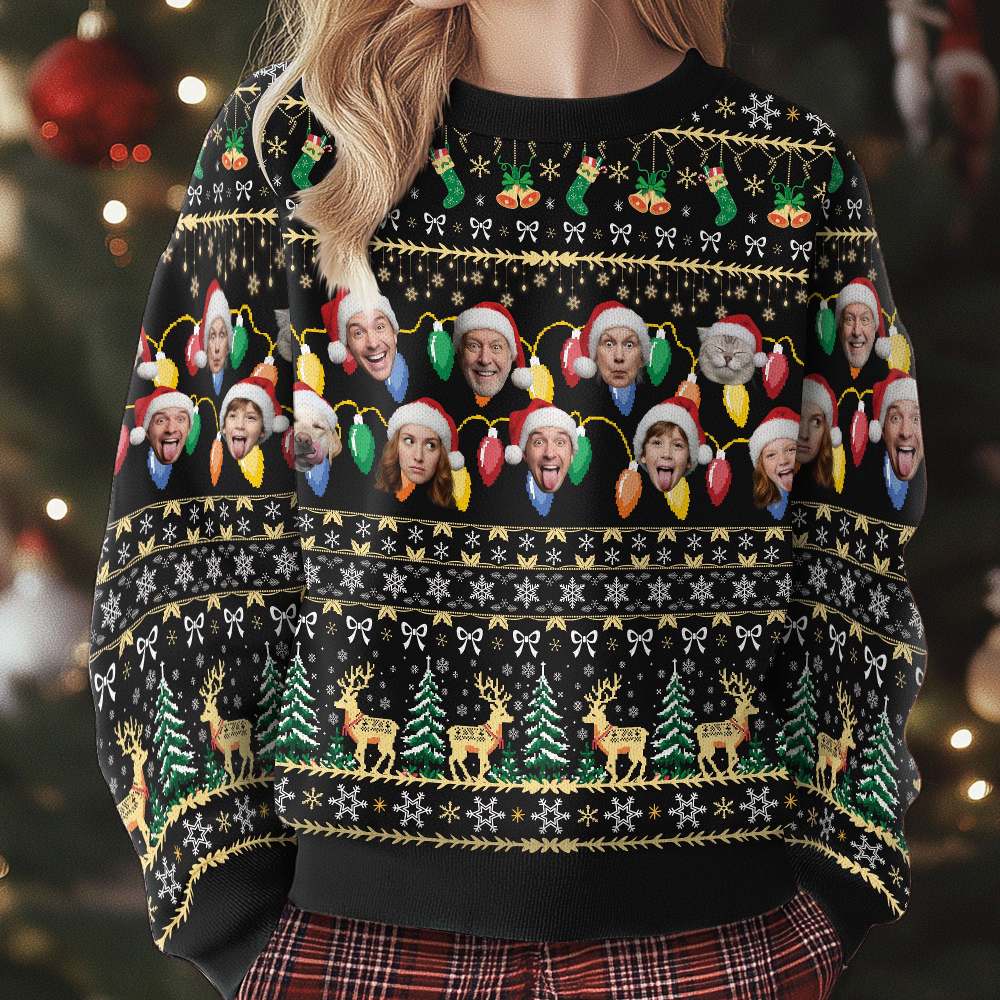 Custom Ugly Christmas Sweater – Personalized Photo Black Holiday Knit for Family, Pets & Festive Gifts
