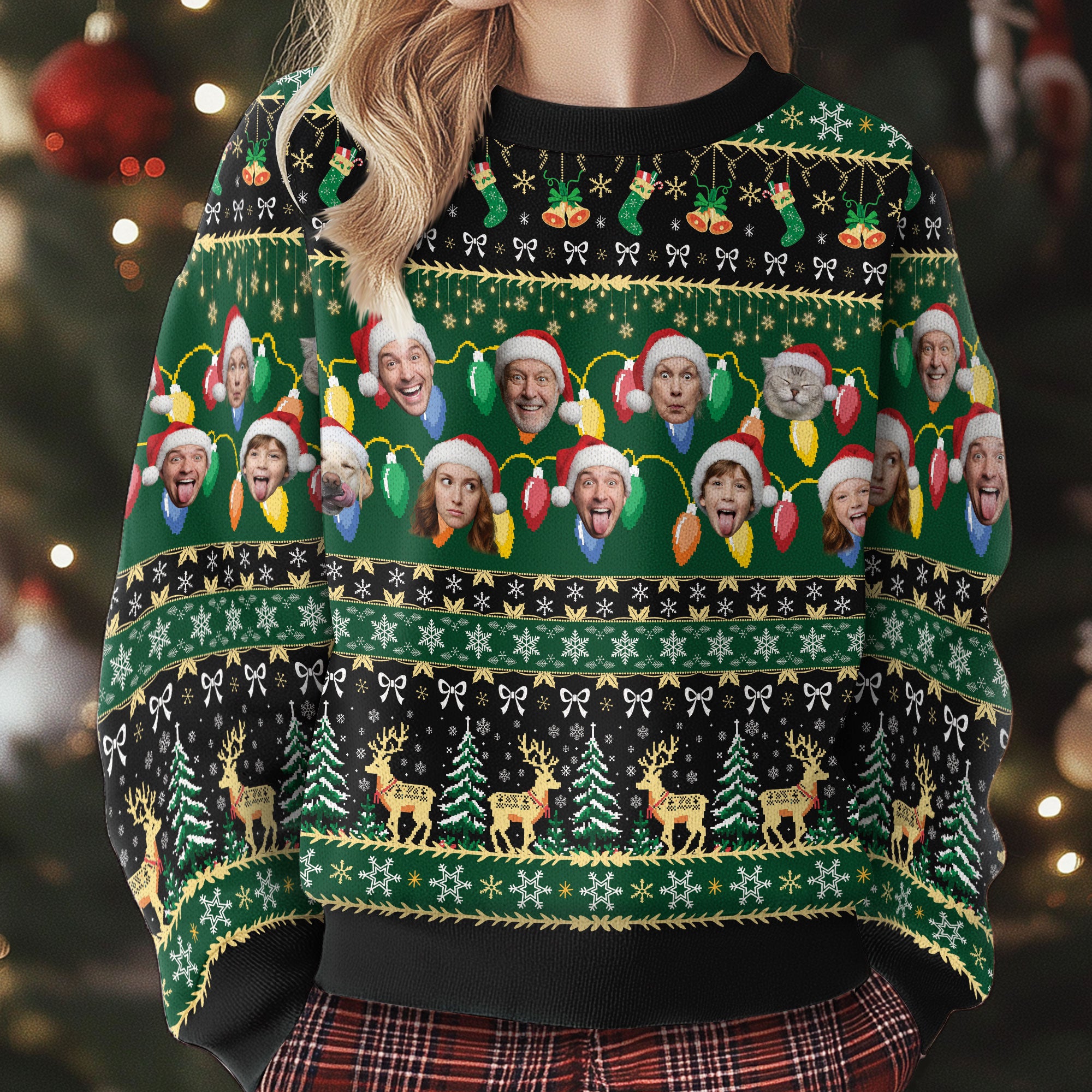 Custom Ugly Christmas Sweater – Personalized Photo Green Holiday Knit for Family, Pets & Festive Fun