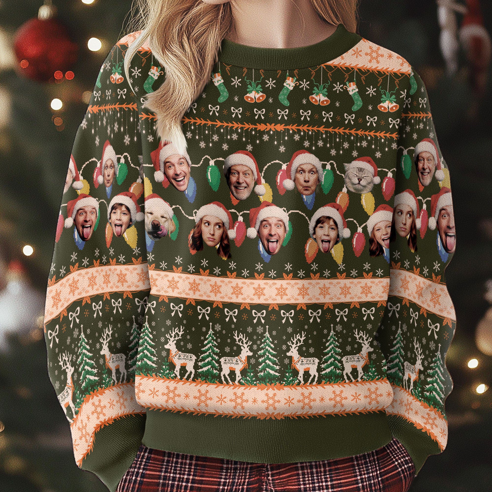 Custom Ugly Christmas Sweater – Personalized Photo Forest Green Holiday Knit for Family, Pets & Festive Cheer