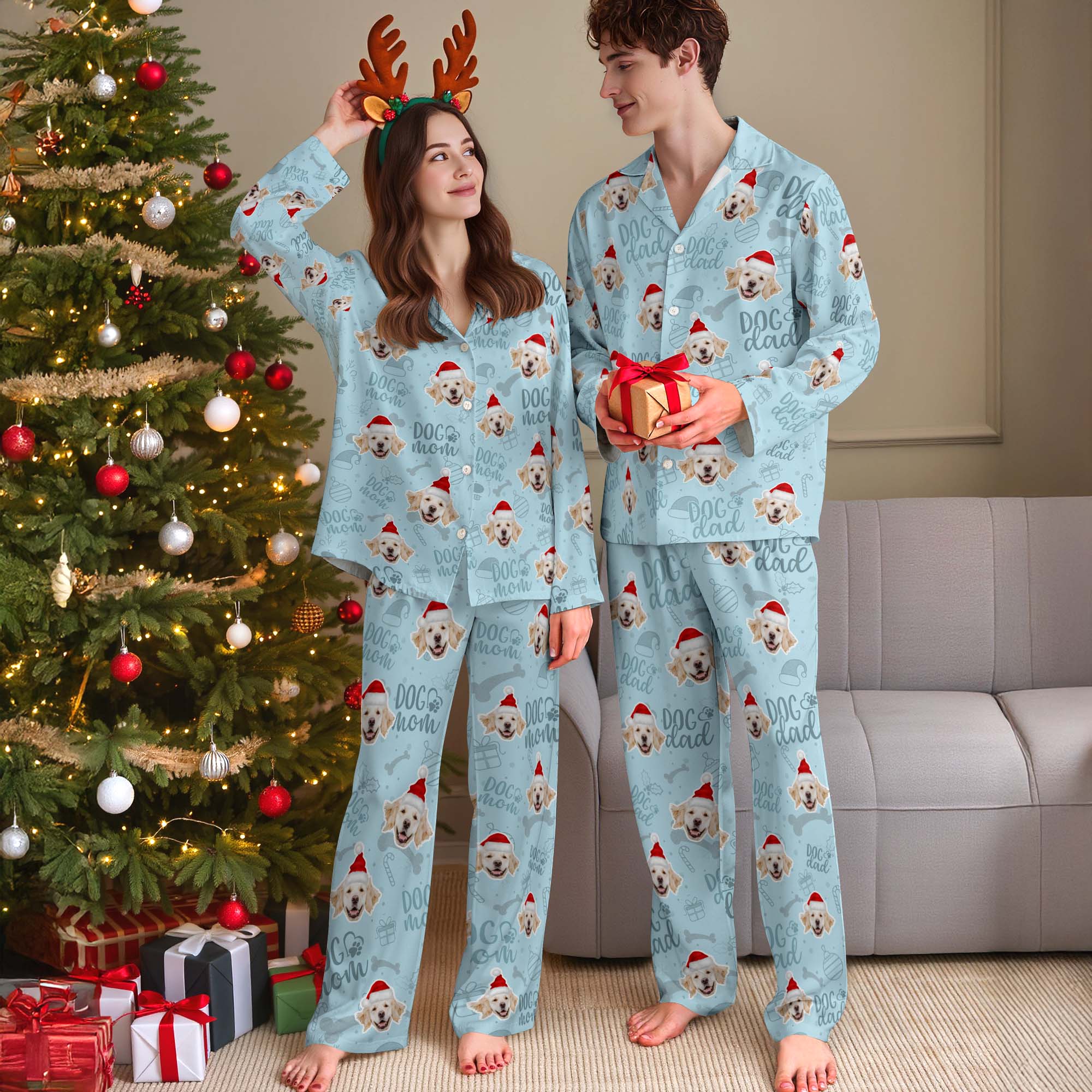 Dog Mom & Dog Dad Matching Pajamas – Custom Pet Face Christmas PJs
