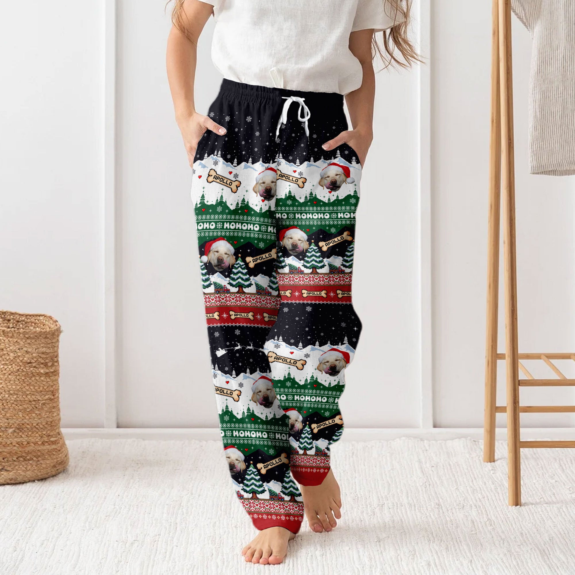 Custom Christmas Pet Photo Pajama Pants – Personalized Dog Name Holiday Pattern Sleepwear