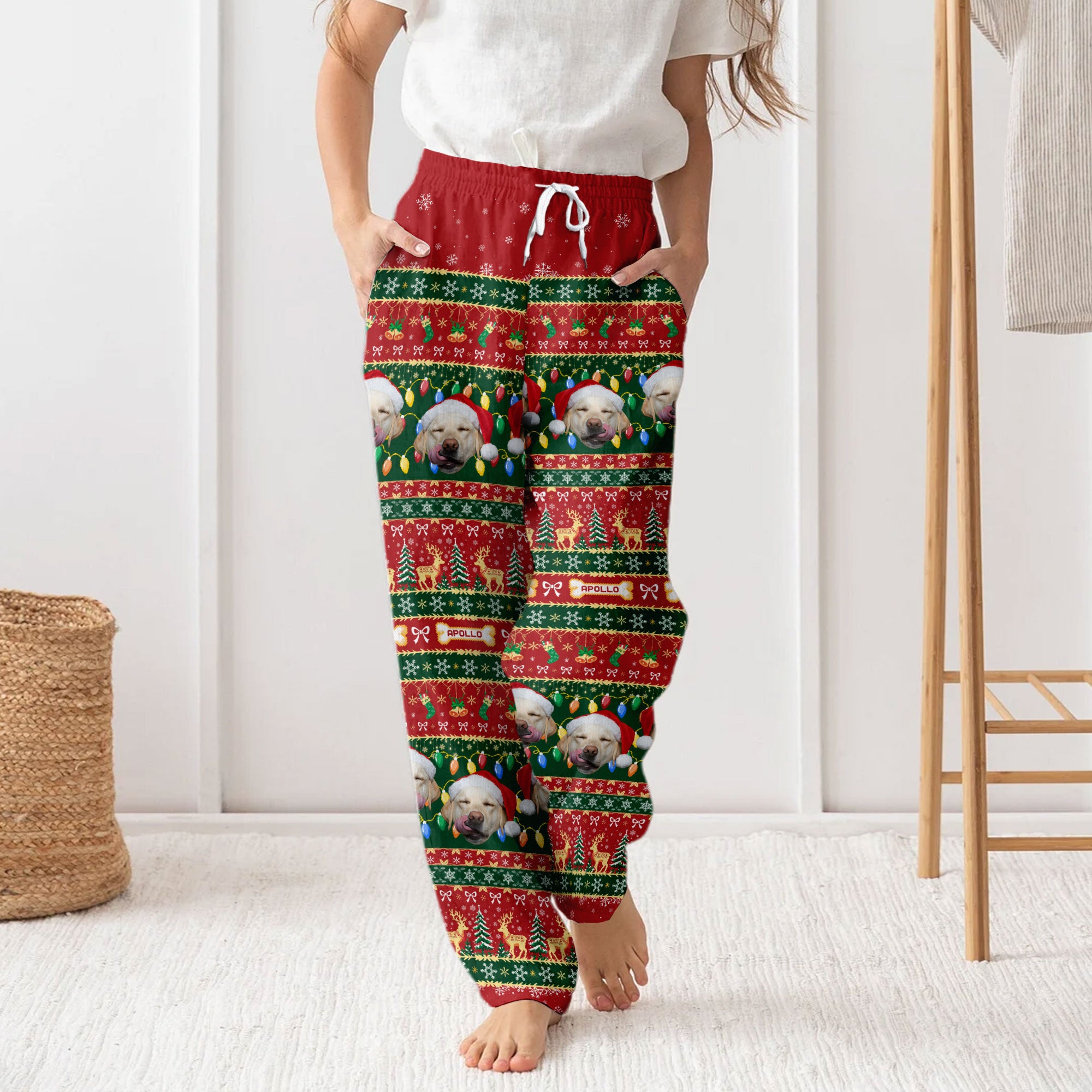 Custom Pet Christmas Lights Pajama Pants – Personalized Dog Photo & Name Holiday Lounge Bottoms