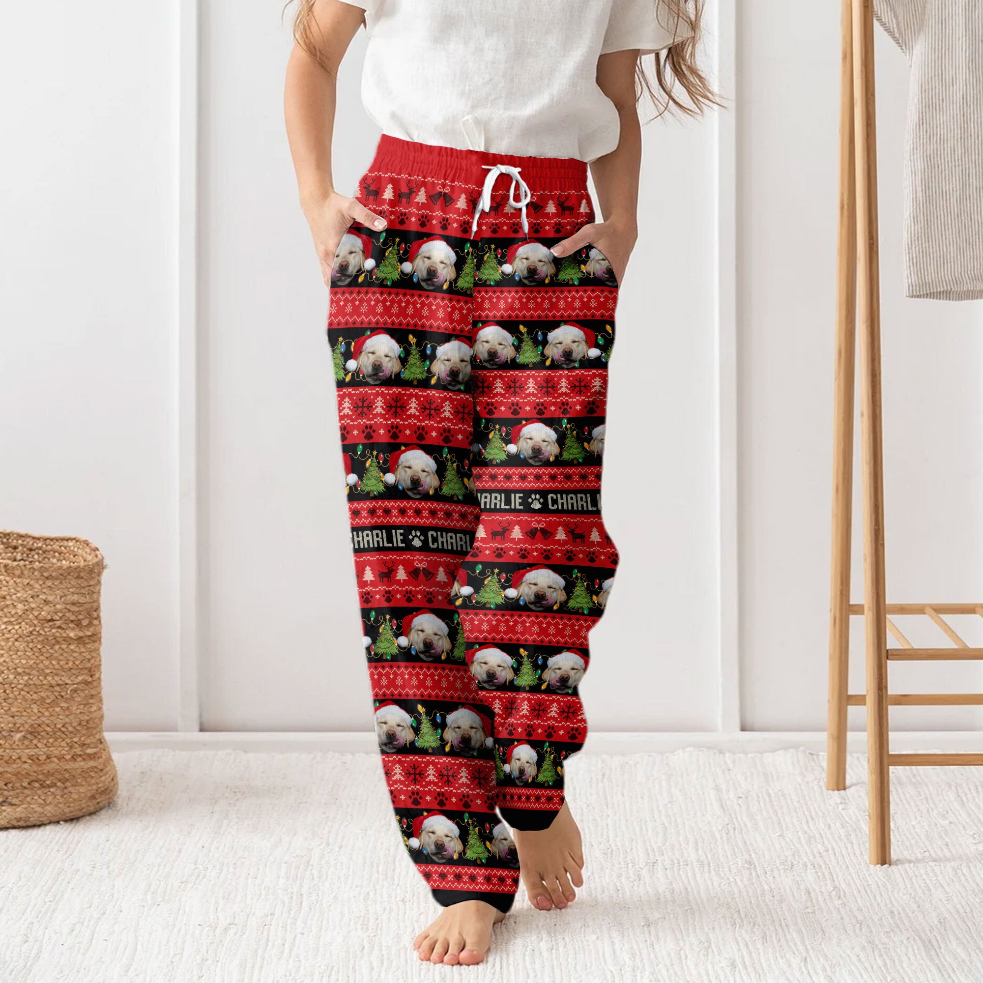Custom Pet Christmas Name Pajama Pants – Personalized Dog Photo Holiday Lounge Wear