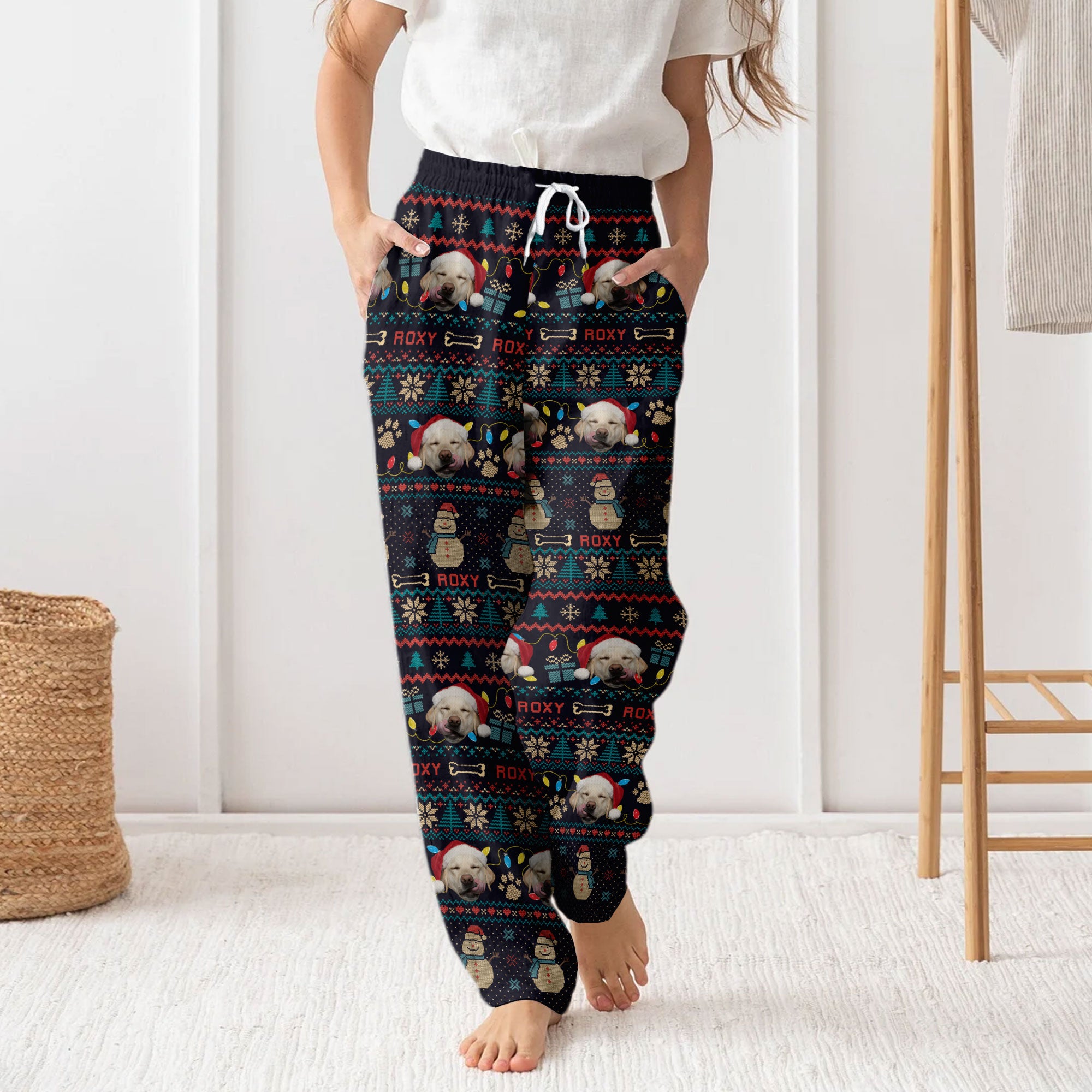 Custom Pet Snowman Christmas Pajama Pants – Personalized Dog Photo & Name Holiday Sleepwear