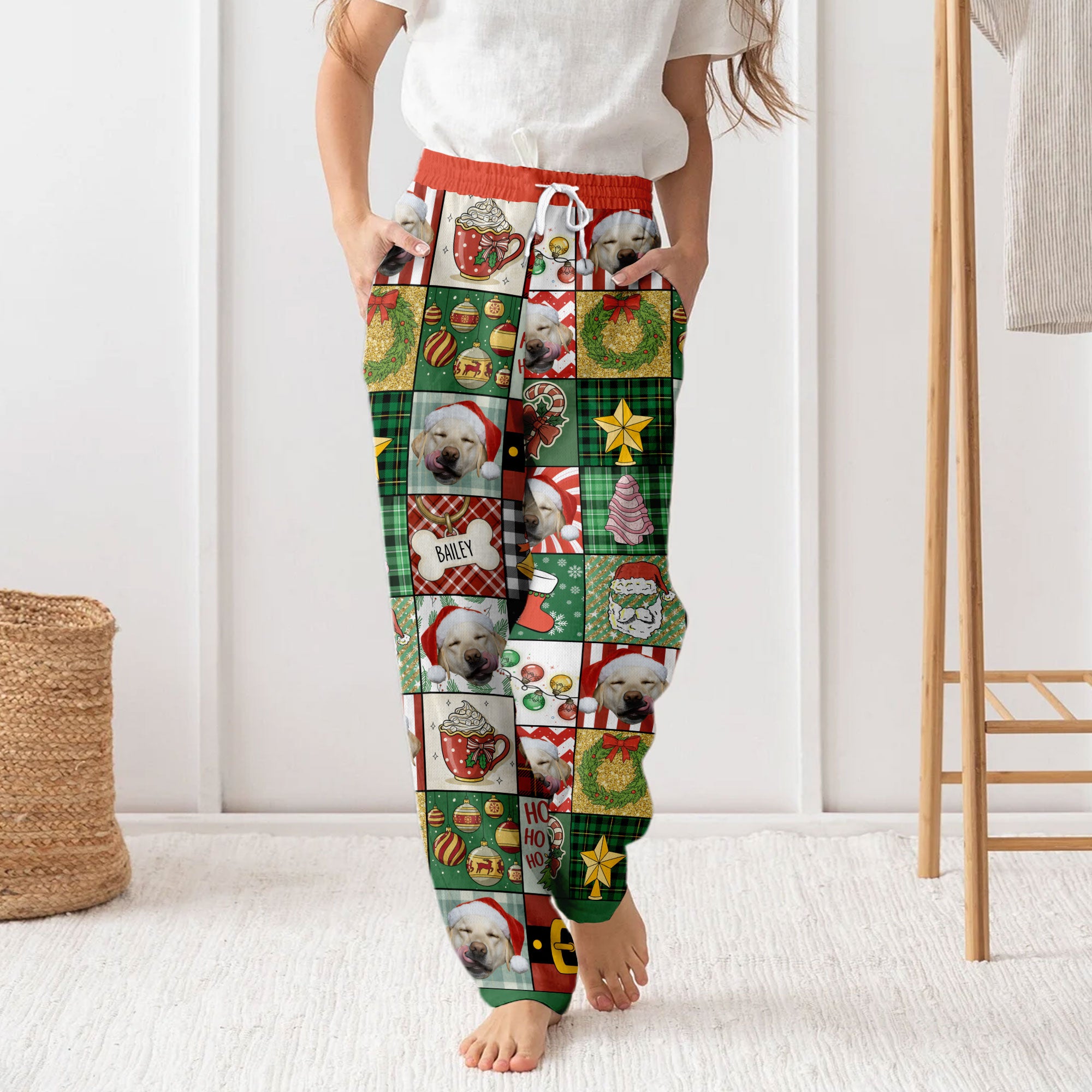 Custom Patchwork Christmas Pet Pajama Pants – Personalized Dog Photo & Name Holiday Lounge Wear