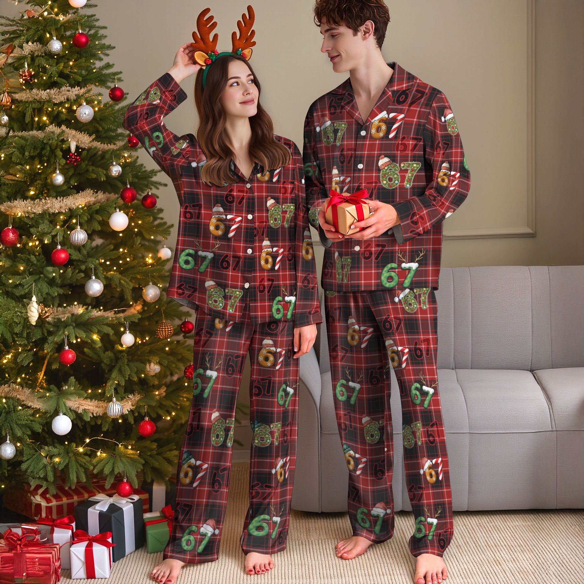 Holiday Lounge Set – Festive 6 7 Number Pajamas with Socks