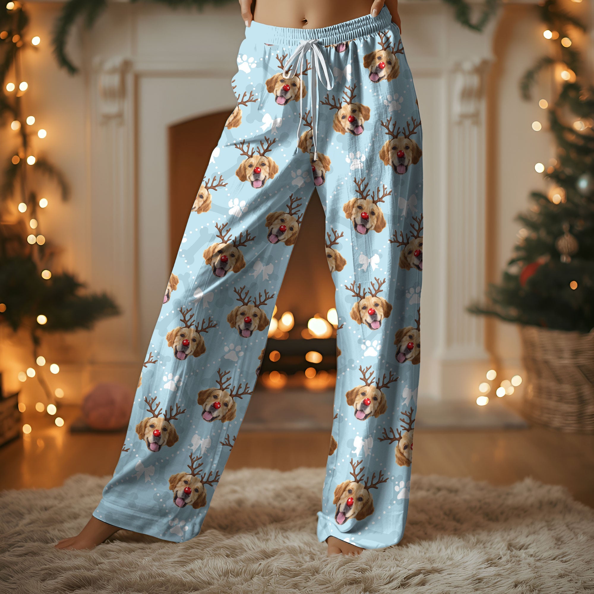 Custom Reindeer Pet Photo Pajama Pants – Personalized Dog Pattern Holiday Sleepwear