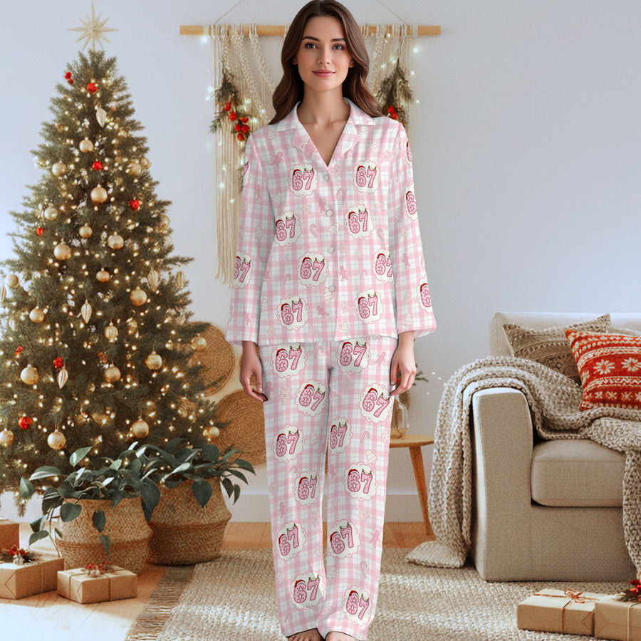 Santa Hat Numbers 6 7 Holiday PJs with Matching Socks (Full Set)