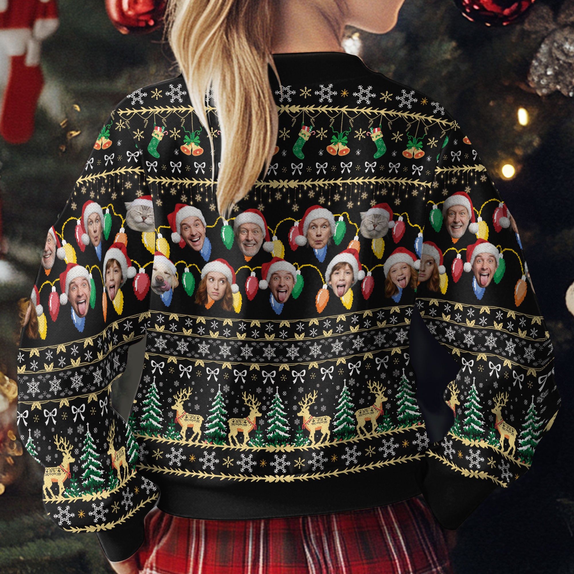 Custom Ugly Christmas Sweater – Personalized Photo Black Holiday Knit for Family, Pets & Festive Gifts