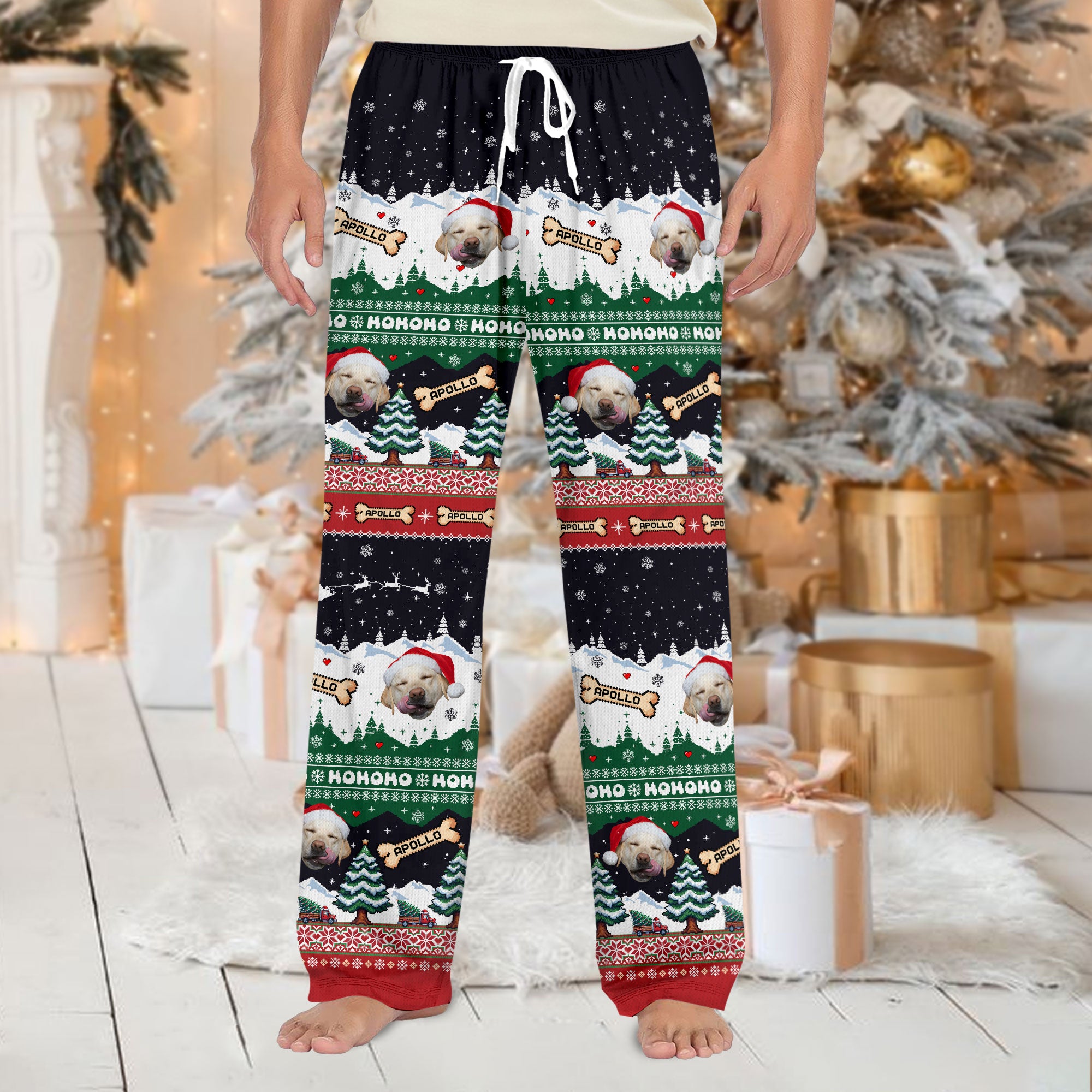Custom Christmas Pet Photo Pajama Pants – Personalized Dog Name Holiday Pattern Sleepwear