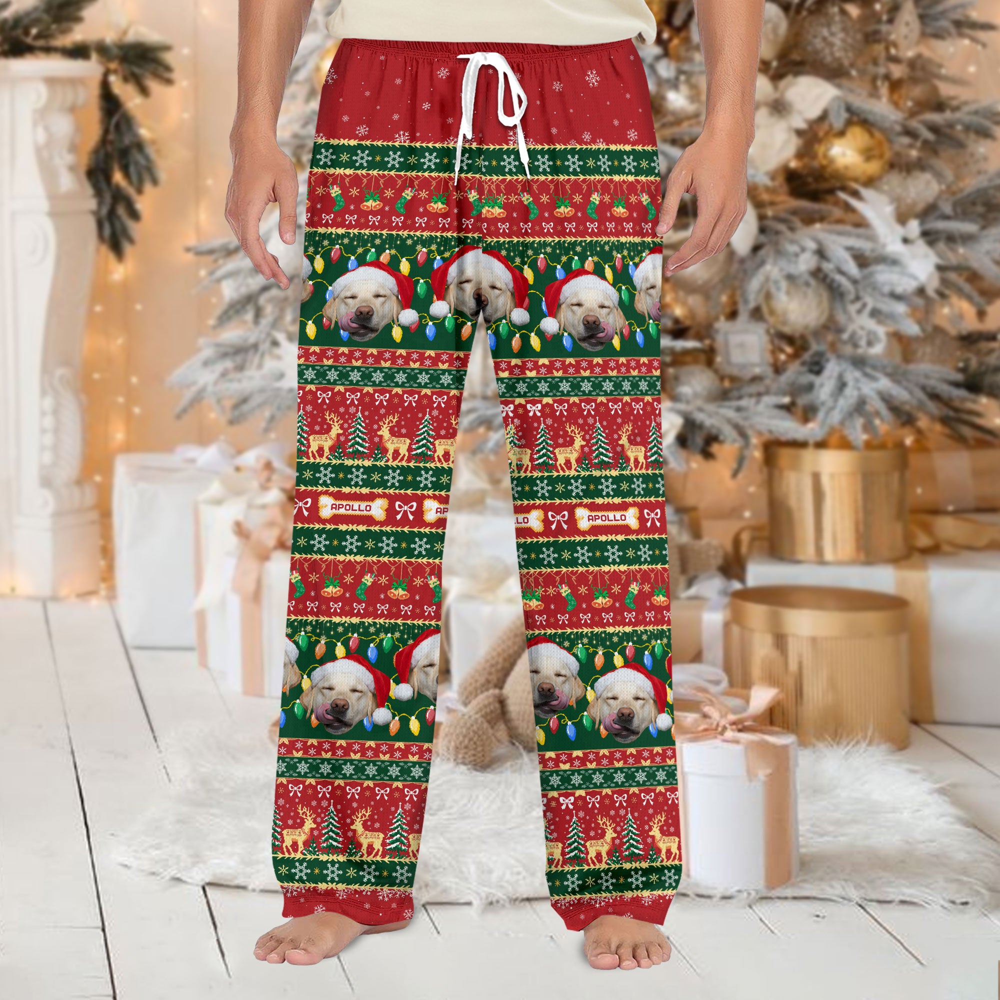 Custom Pet Christmas Lights Pajama Pants – Personalized Dog Photo & Name Holiday Lounge Bottoms