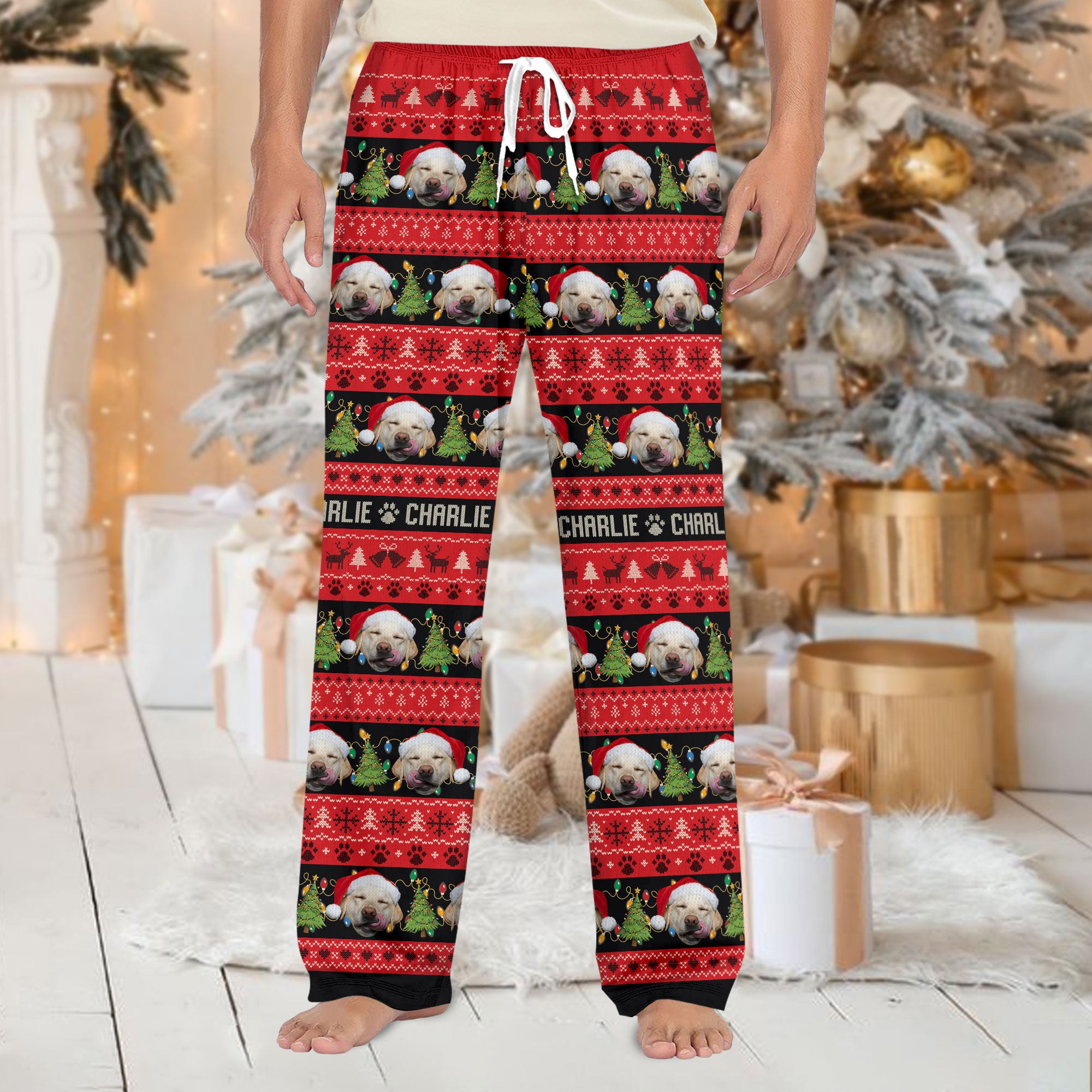 Custom Pet Christmas Name Pajama Pants – Personalized Dog Photo Holiday Lounge Wear