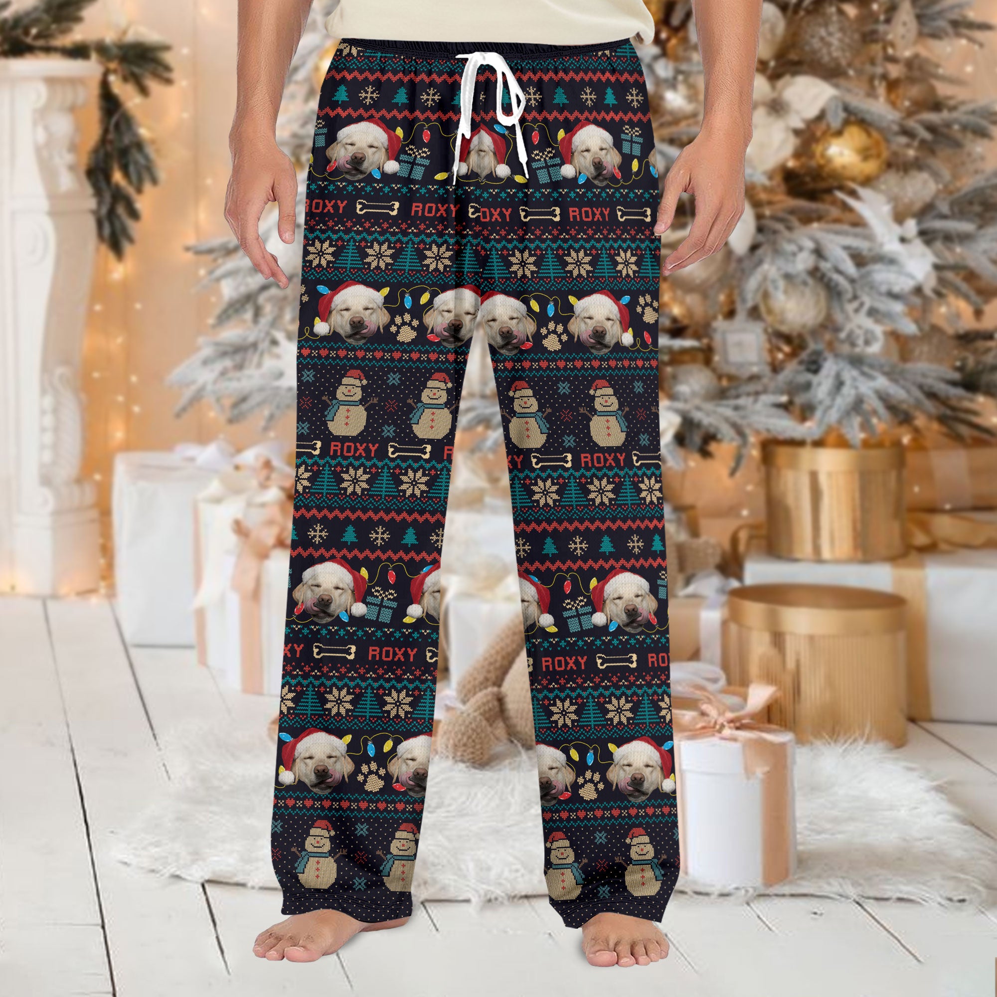 Custom Pet Snowman Christmas Pajama Pants – Personalized Dog Photo & Name Holiday Sleepwear