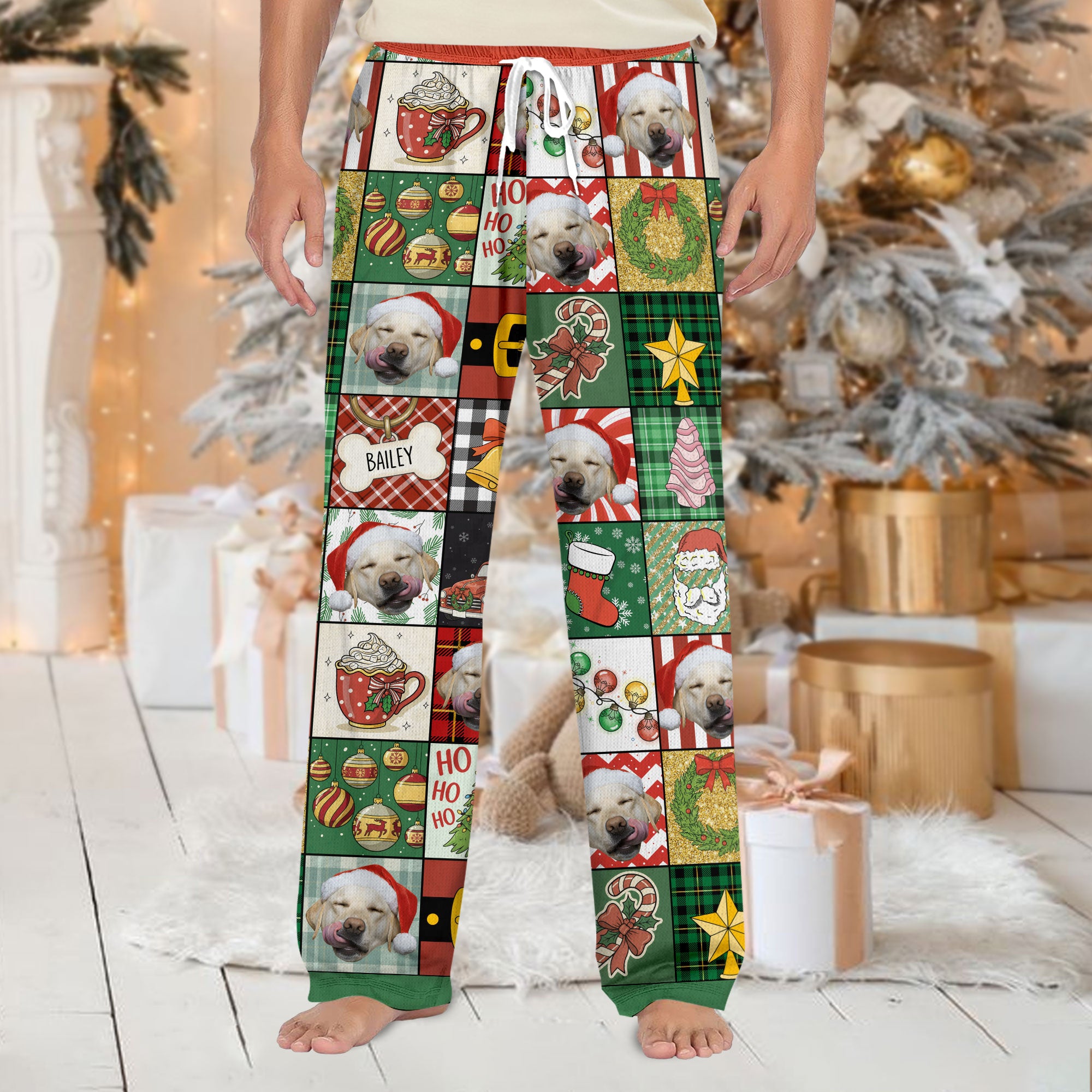 Custom Patchwork Christmas Pet Pajama Pants – Personalized Dog Photo & Name Holiday Lounge Wear