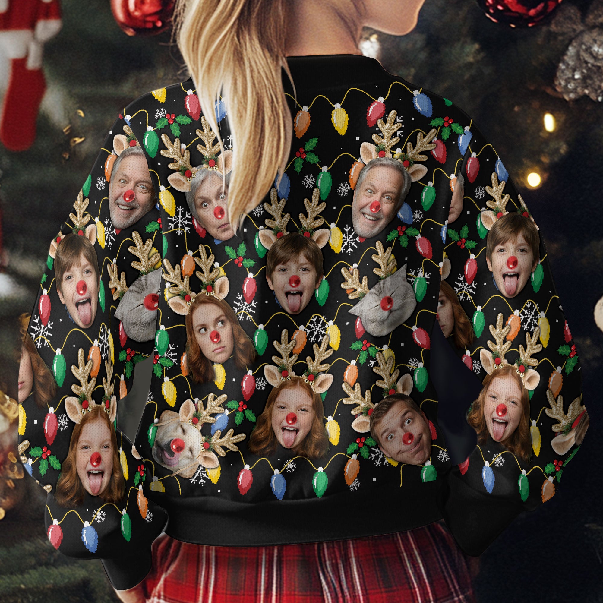 Custom Christmas Photo Sweatshirt with Lights & Snowflakes Pattern